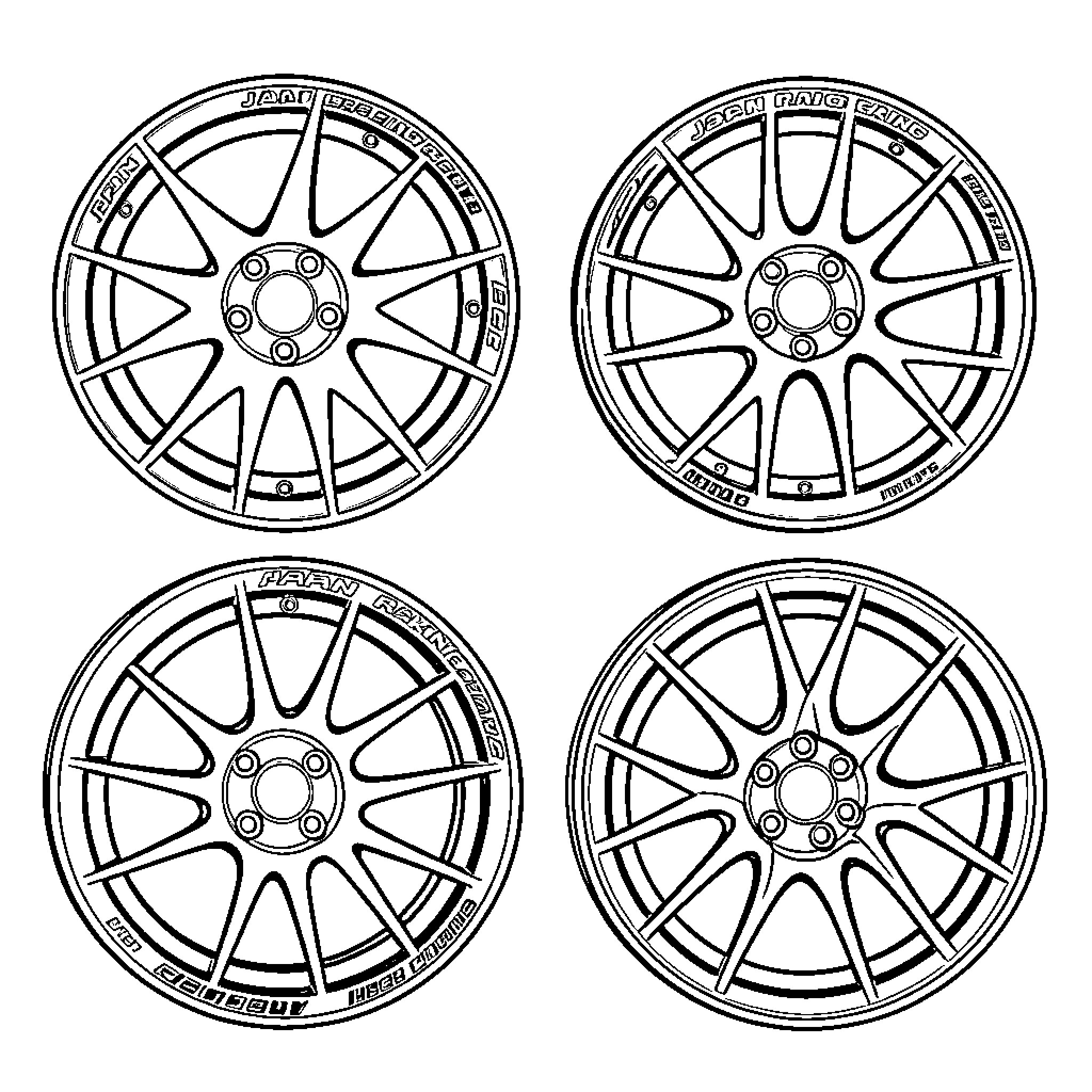 Jante wheel designs displayed in various patterns Coloring Page (free black-and-white line drawing printable PDF for all, from beginners to advanced learners, including children, teens, adults, and seniors)