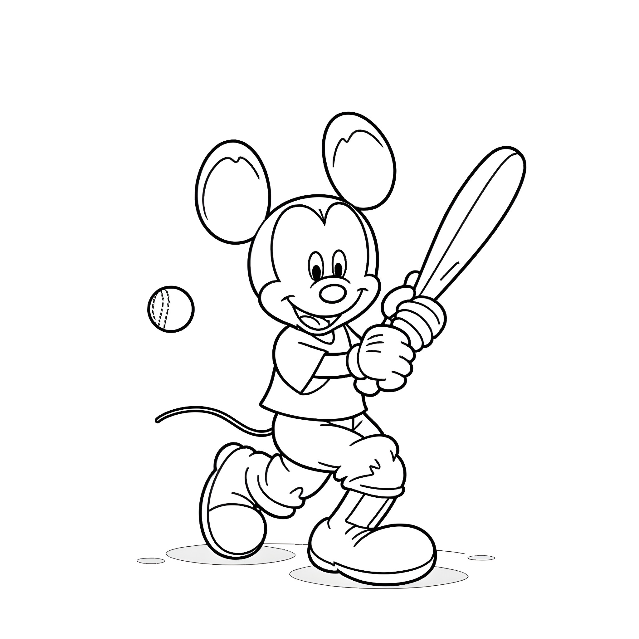 Mickey Mouse playing baseball happily Coloring Page (free black-and-white line drawing printable PDF for all, from beginners to advanced learners, including children, teens, adults, and seniors)