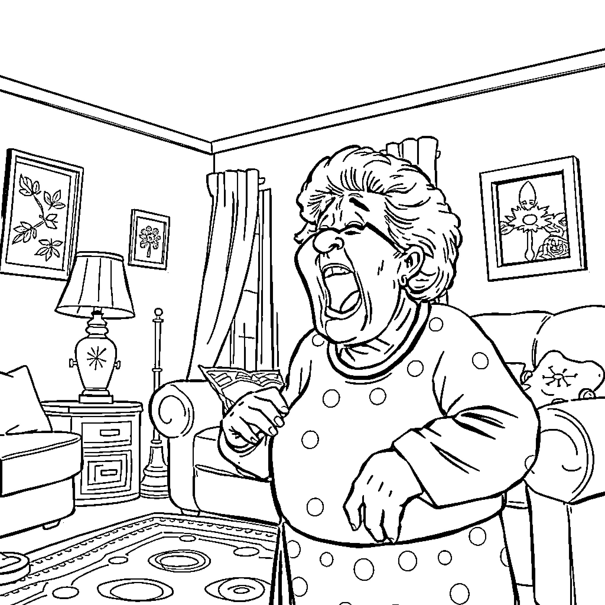 Grandma enjoying her cozy living room Coloring Page (free black-and-white line drawing printable PDF for all, from beginners to advanced learners, including children, teens, adults, and seniors)