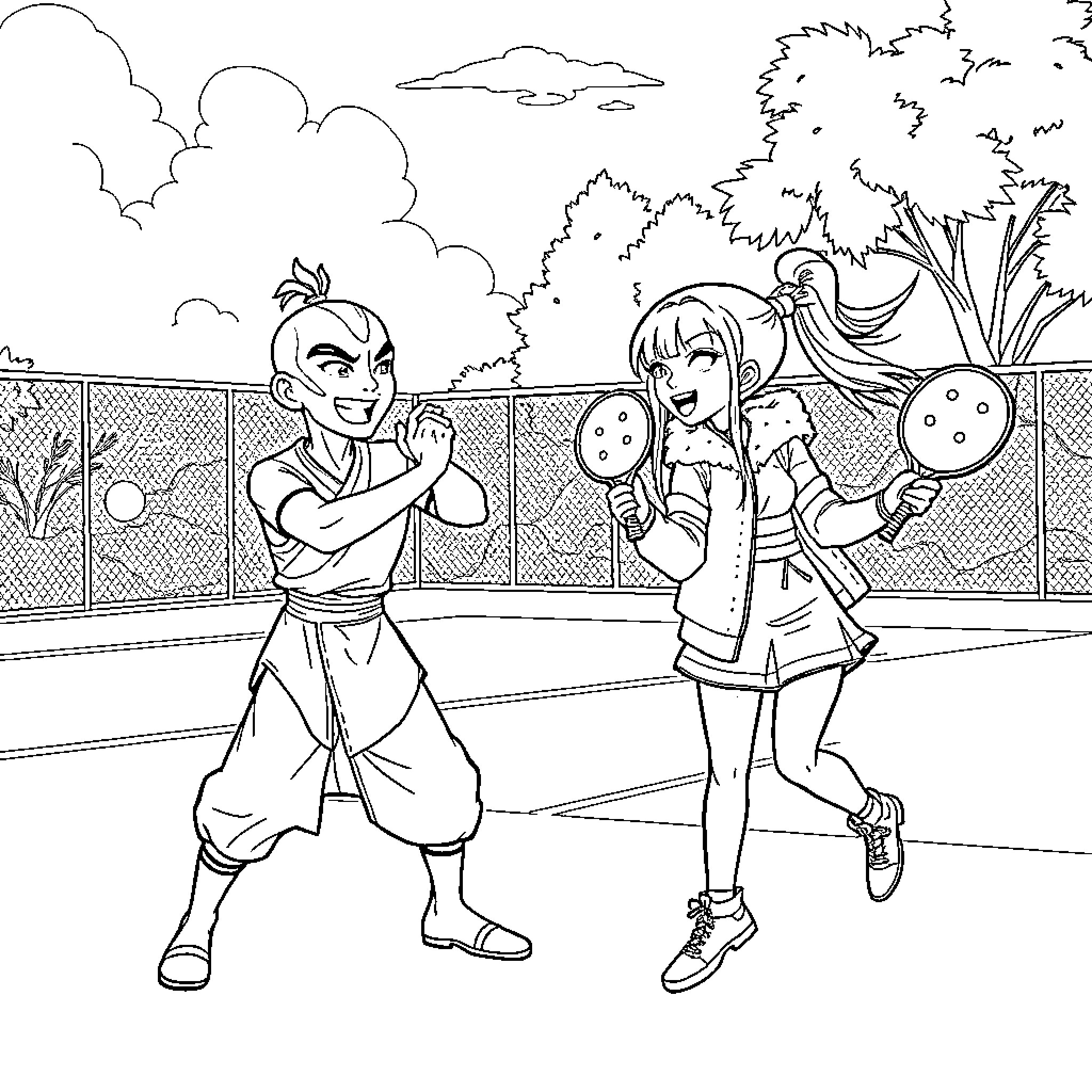 Zuko and Friends Engaging in Outdoor Activities Coloring Page (free black-and-white line drawing printable PDF for all, from beginners to advanced learners, including children, teens, adults, and seniors)