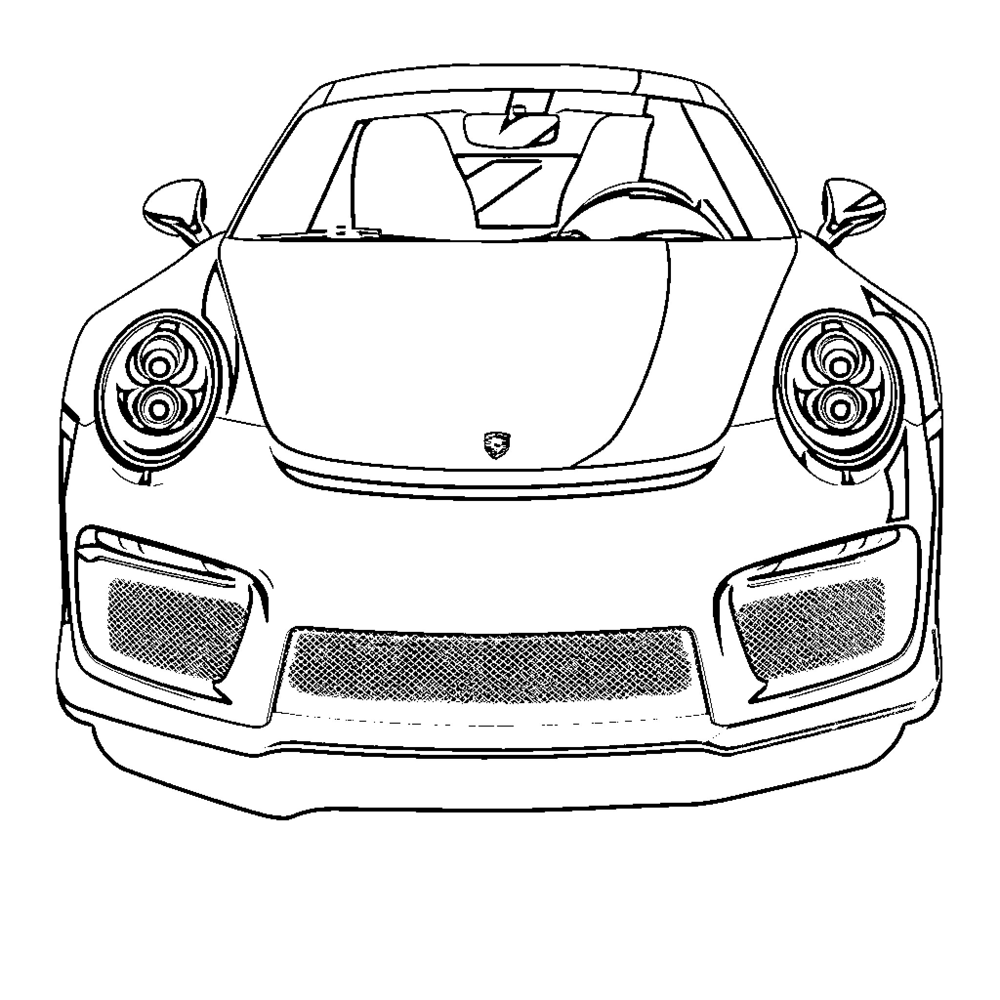 Porsche sports car front view illustration Coloring Page (free black-and-white line drawing printable PDF for all, from beginners to advanced learners, including children, teens, adults, and seniors)