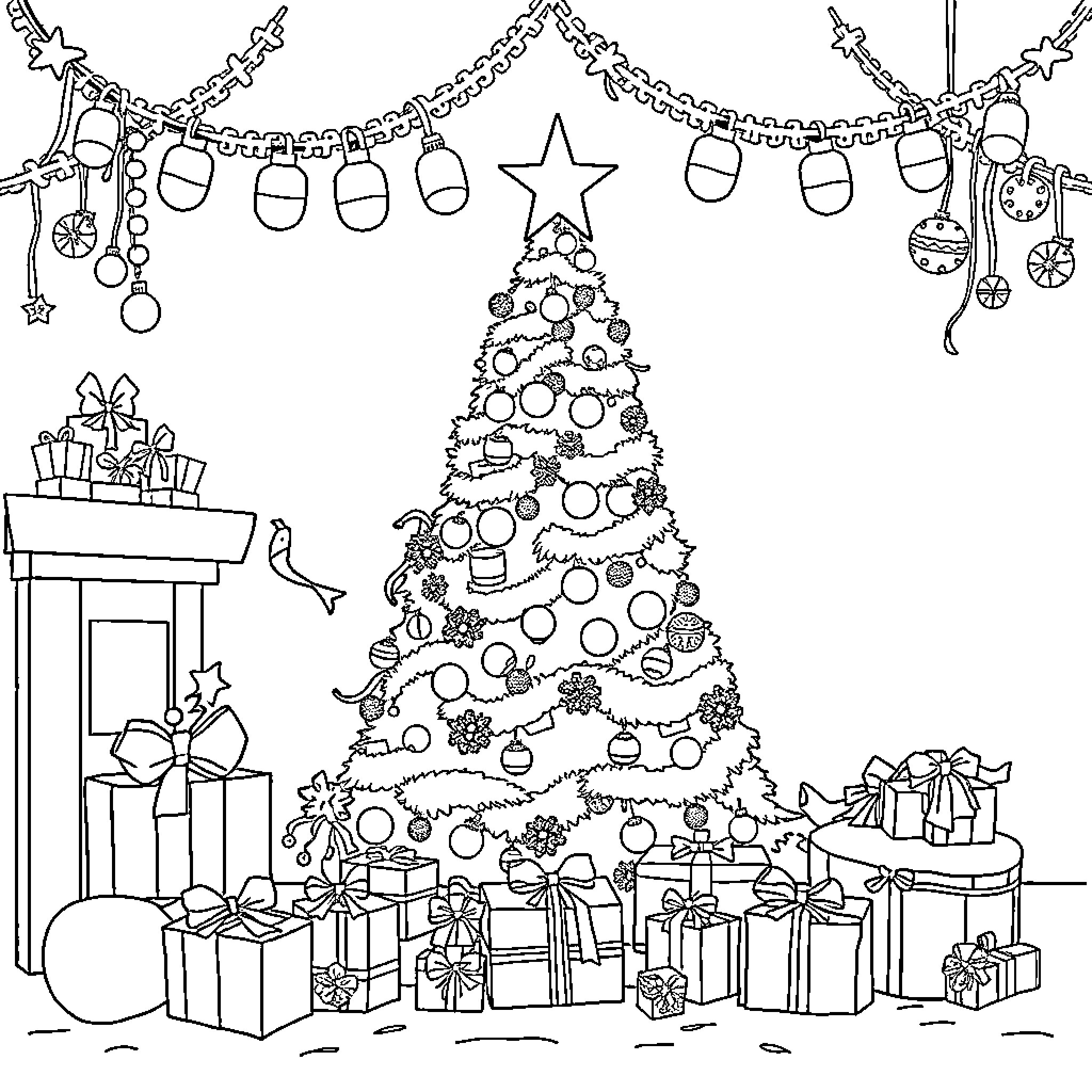 Hunt for Holiday Decor and Gifts Coloring Page (free black-and-white line drawing printable PDF for all, from beginners to advanced learners, including children, teens, adults, and seniors)