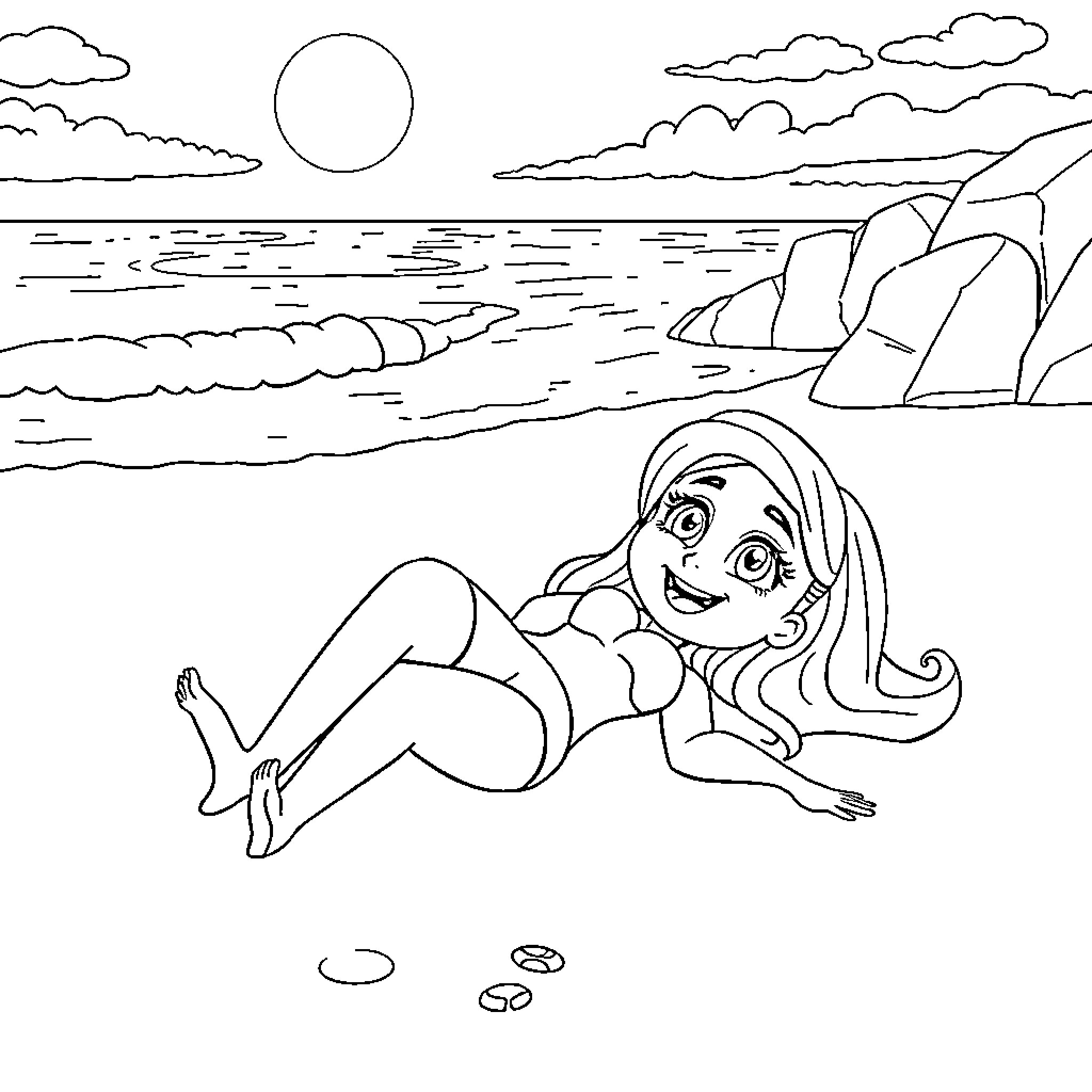 Kim Possible relaxing on the beach Coloring Page (free black-and-white line drawing printable PDF for all, from beginners to advanced learners, including children, teens, adults, and seniors)