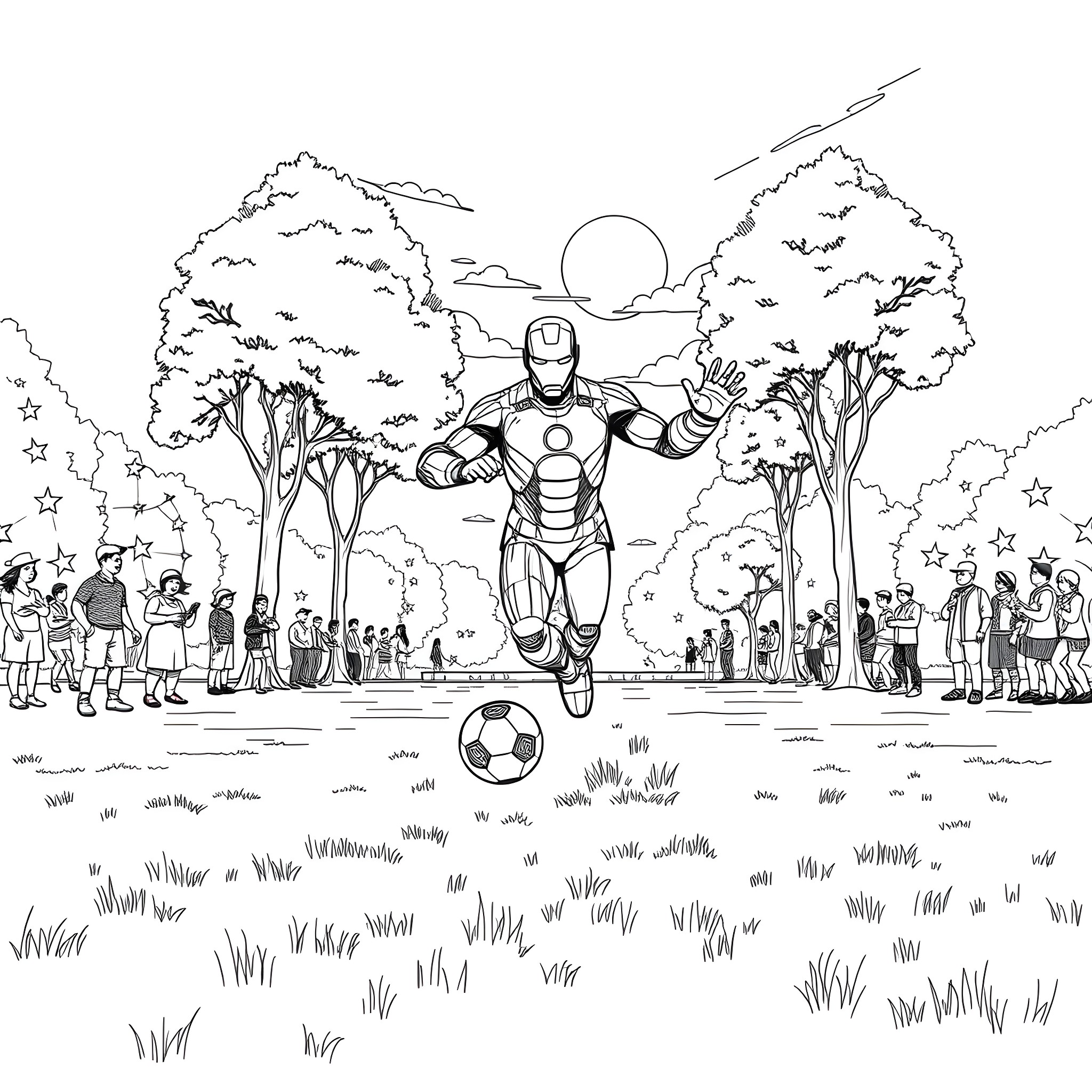 Iron Man's Heroic Appearance at the Neighborhood Soccer Game Coloring Page (free black-and-white line drawing printable PDF for all, from beginners to advanced learners, including children, teens, adults, and seniors)