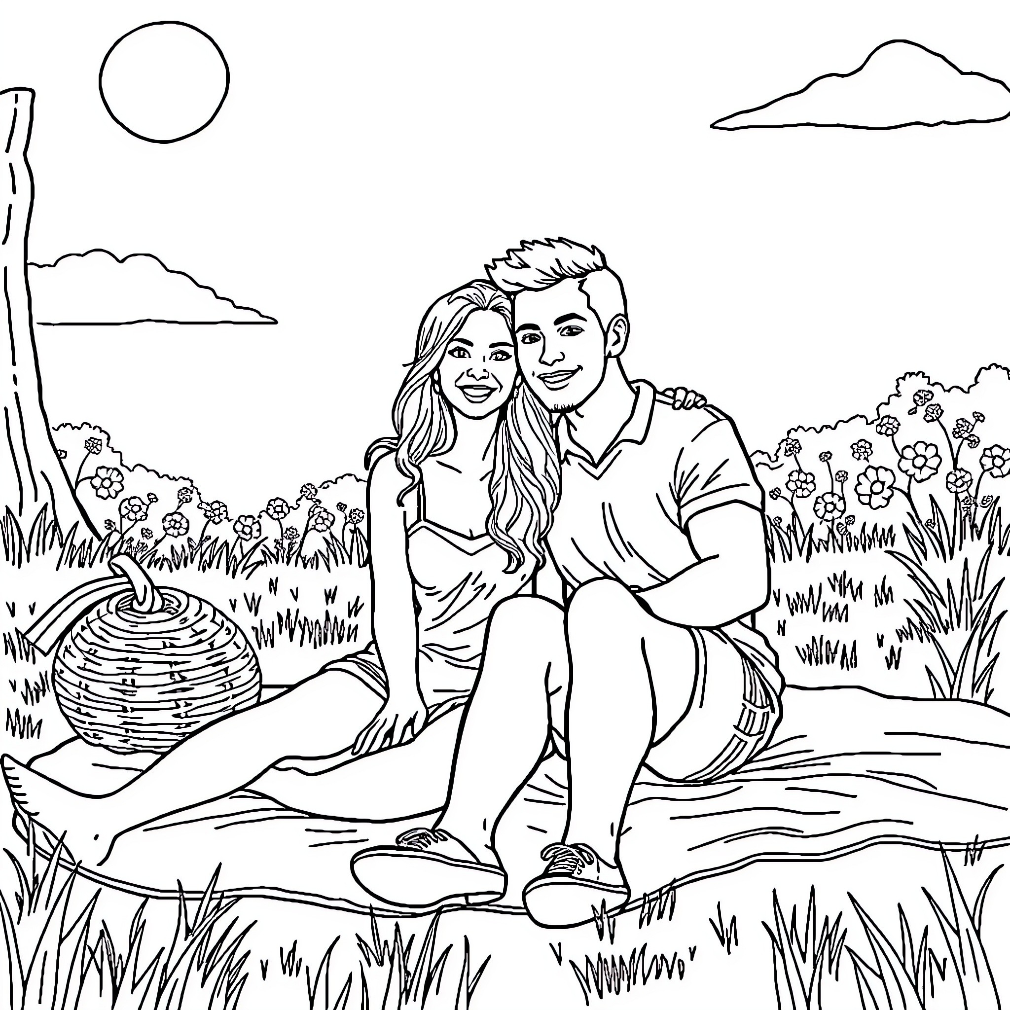 Boyfriend and girlfriend enjoying a picnic in nature Coloring Page (free black-and-white line drawing printable PDF for all, from beginners to advanced learners, including children, teens, adults, and seniors)