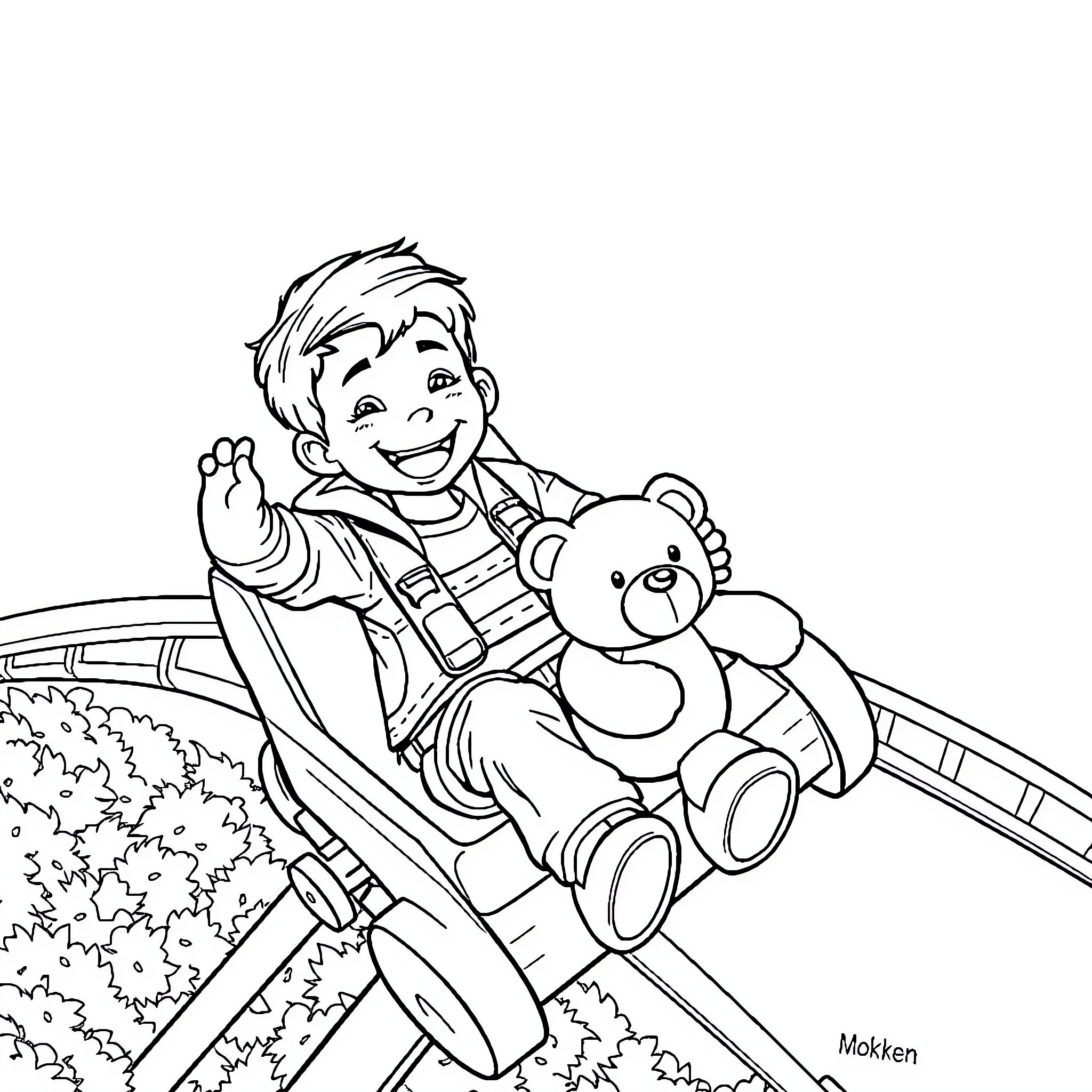 Mokken boy playing happily with his teddy bear Coloring Page (free black-and-white line drawing printable PDF for all, from beginners to advanced learners, including children, teens, adults, and seniors)