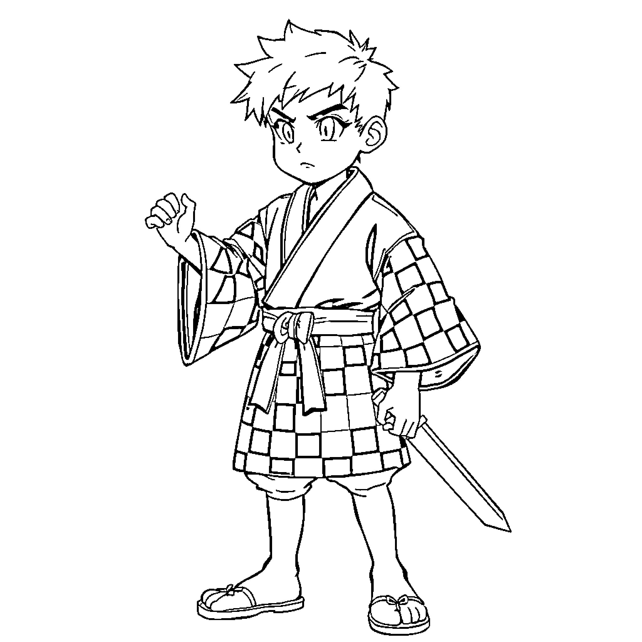 Tanjiro Kamado in Samurai Outfit Holding a Sword Coloring Page (free black-and-white line drawing printable PDF for all, from beginners to advanced learners, including children, teens, adults, and seniors)