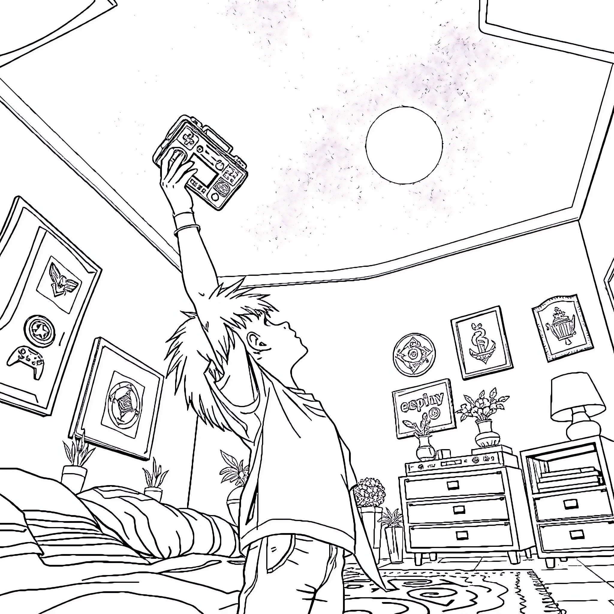 Enfant jouant avec console de jeux dans sa chambre Coloring Page (free black-and-white line drawing printable PDF for all, from beginners to advanced learners, including children, teens, adults, and seniors)
