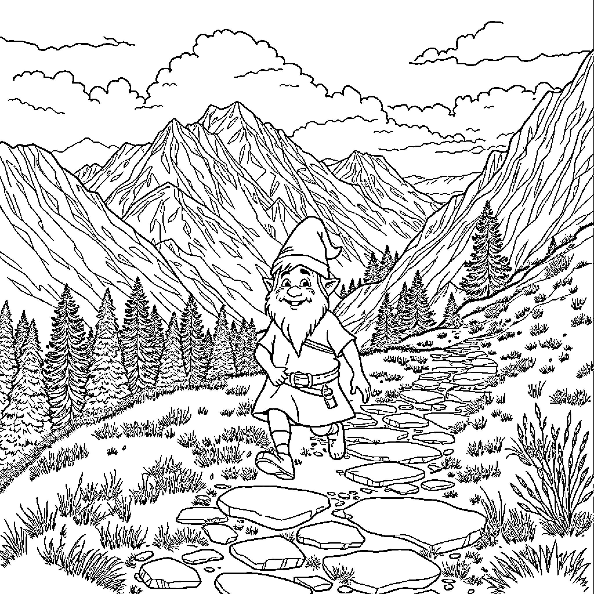 Hobbit exploring the enchanting mountainous landscape Coloring Page (free black-and-white line drawing printable PDF for all, from beginners to advanced learners, including children, teens, adults, and seniors)