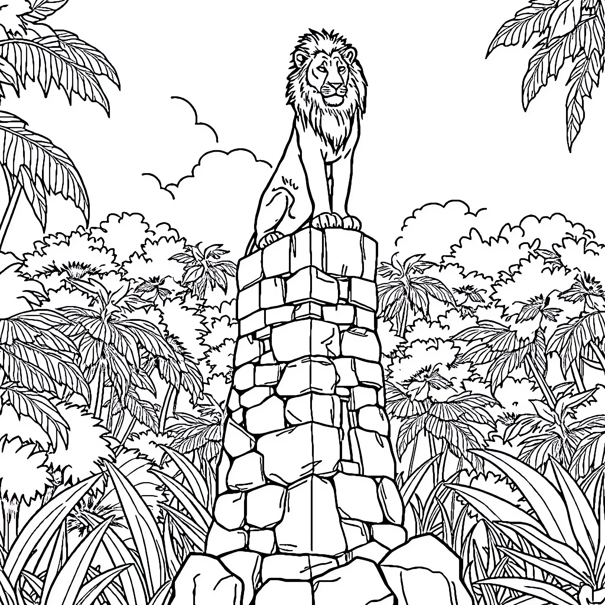 Lioness guarding her jungle kingdom Coloring Page (free black-and-white line drawing printable PDF for all, from beginners to advanced learners, including children, teens, adults, and seniors)