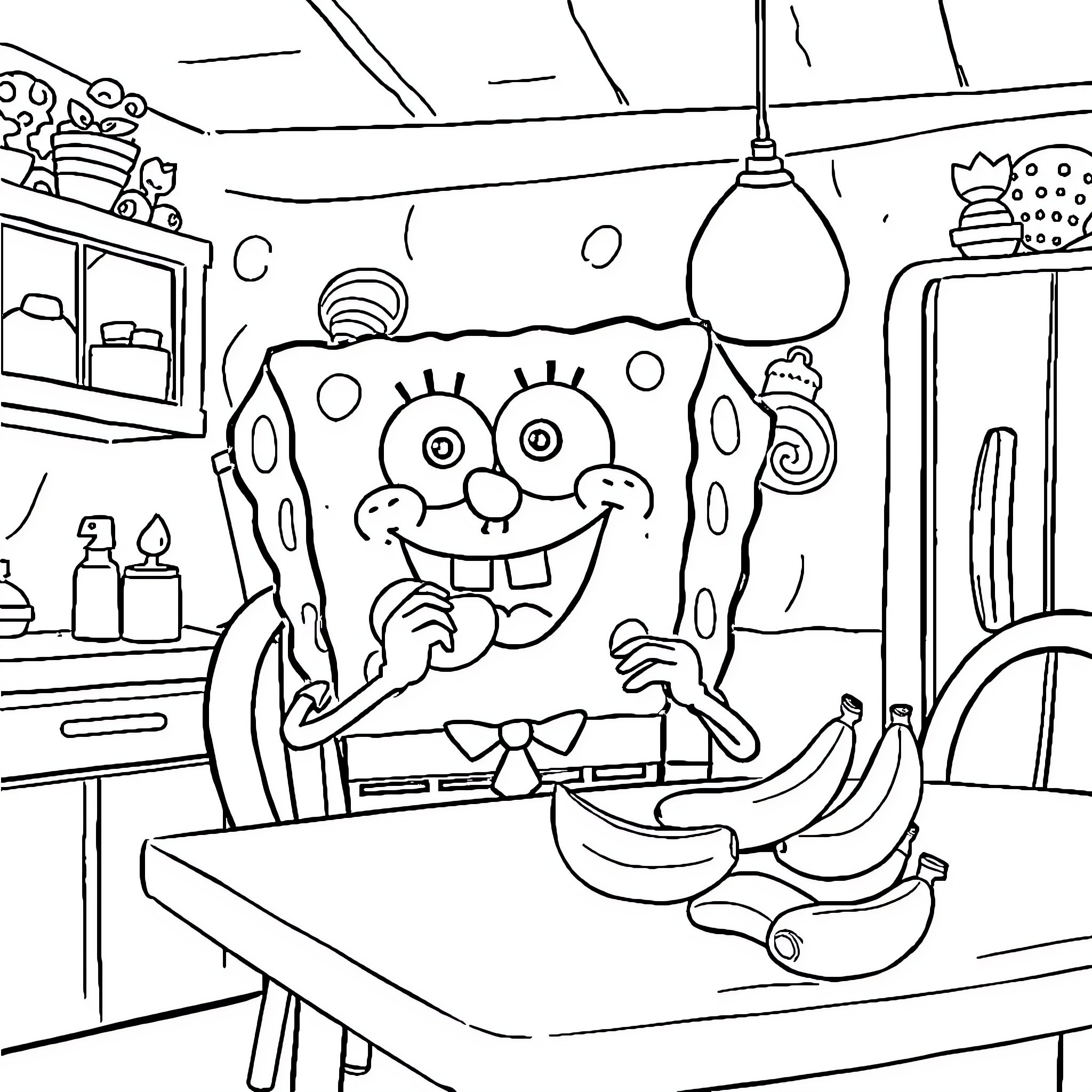 Spongebob's Wacky Kitchen Adventure Coloring Page (free black-and-white line drawing printable PDF for all, from beginners to advanced learners, including children, teens, adults, and seniors)
