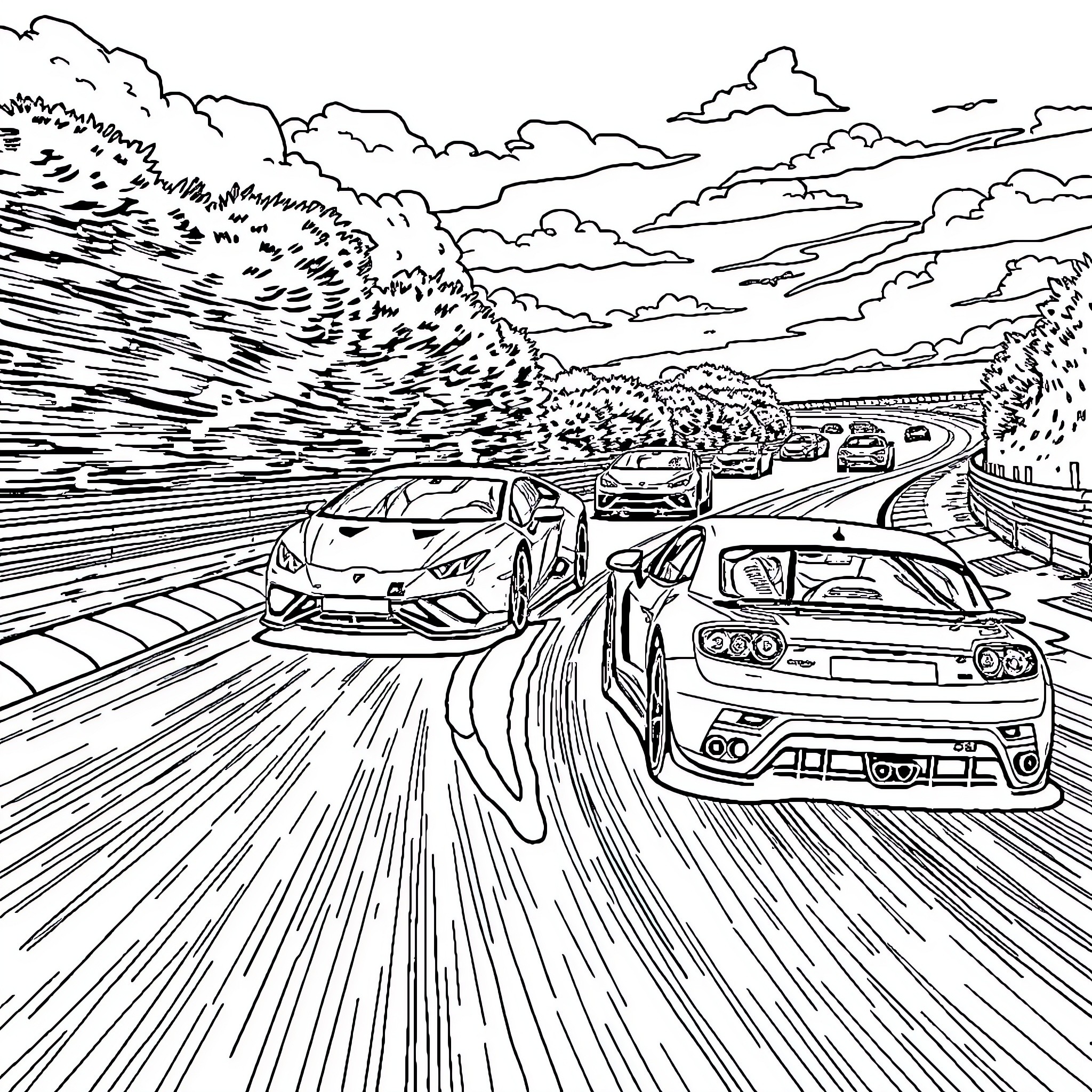 Car Racing on Winding Road Through Scenic Landscape Coloring Page (free black-and-white line drawing printable PDF for all, from beginners to advanced learners, including children, teens, adults, and seniors)