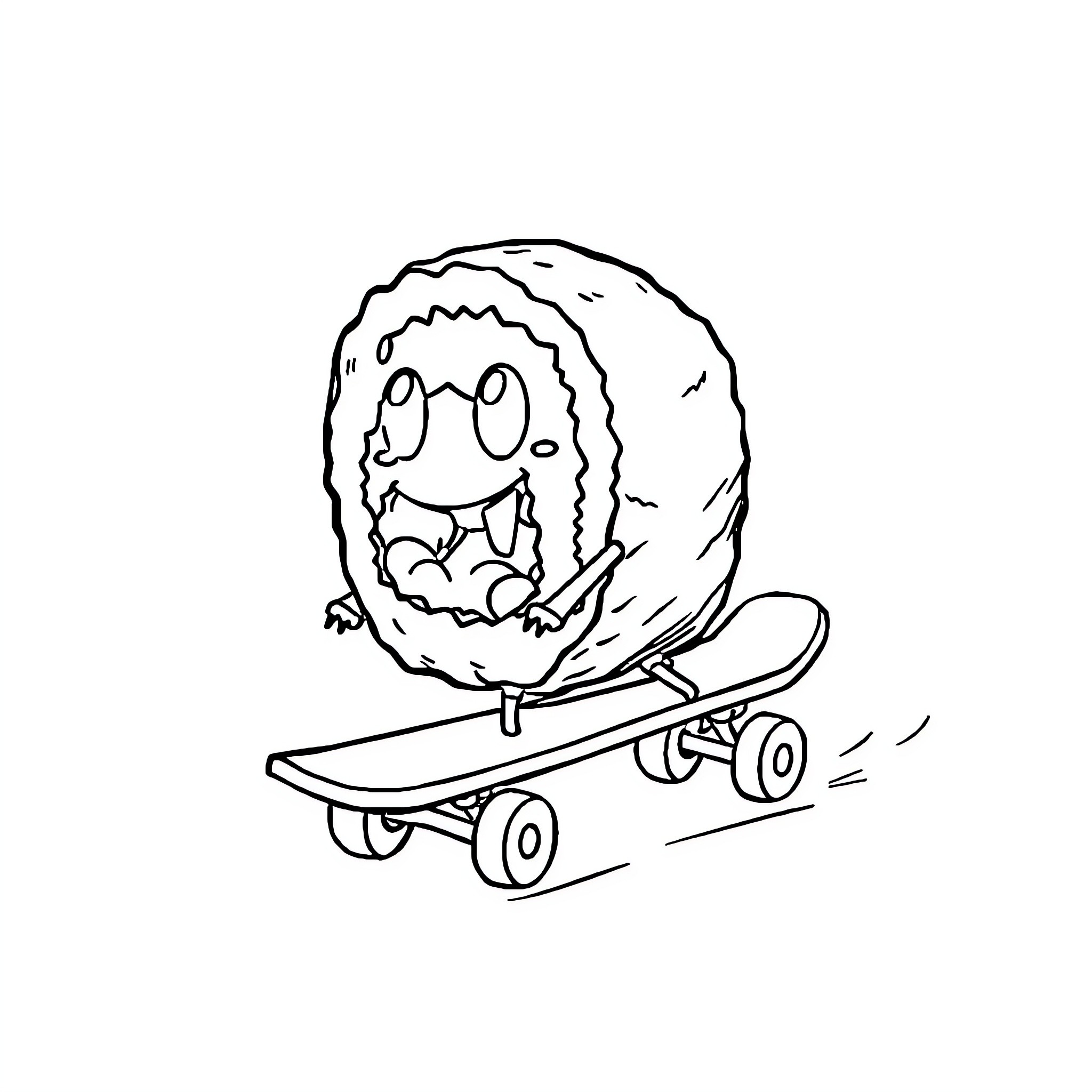 Sushi character riding skateboard happily Coloring Page (free black-and-white line drawing printable PDF for all, from beginners to advanced learners, including children, teens, adults, and seniors)
