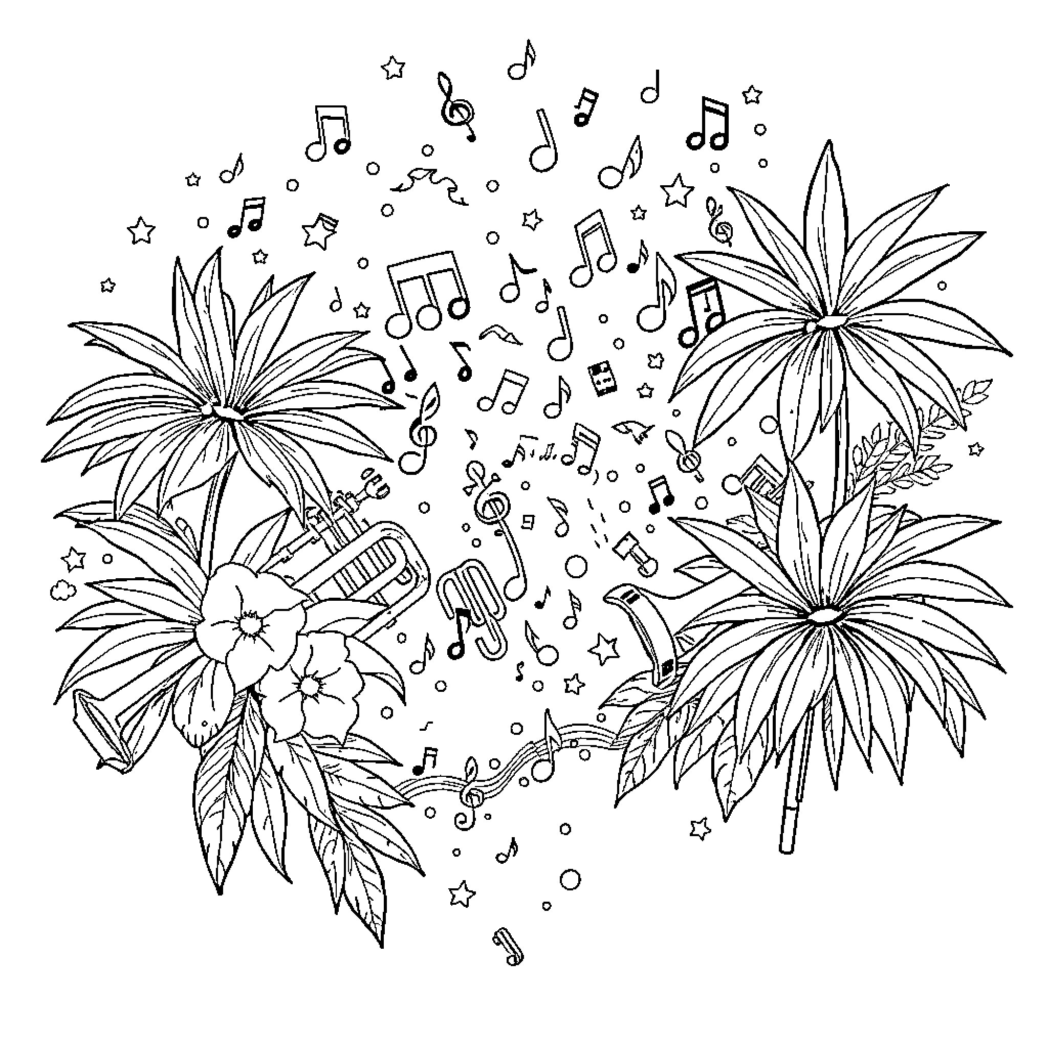 Nota Musical Floral Composition Coloring Page (free black-and-white line drawing printable PDF for all, from beginners to advanced learners, including children, teens, adults, and seniors)