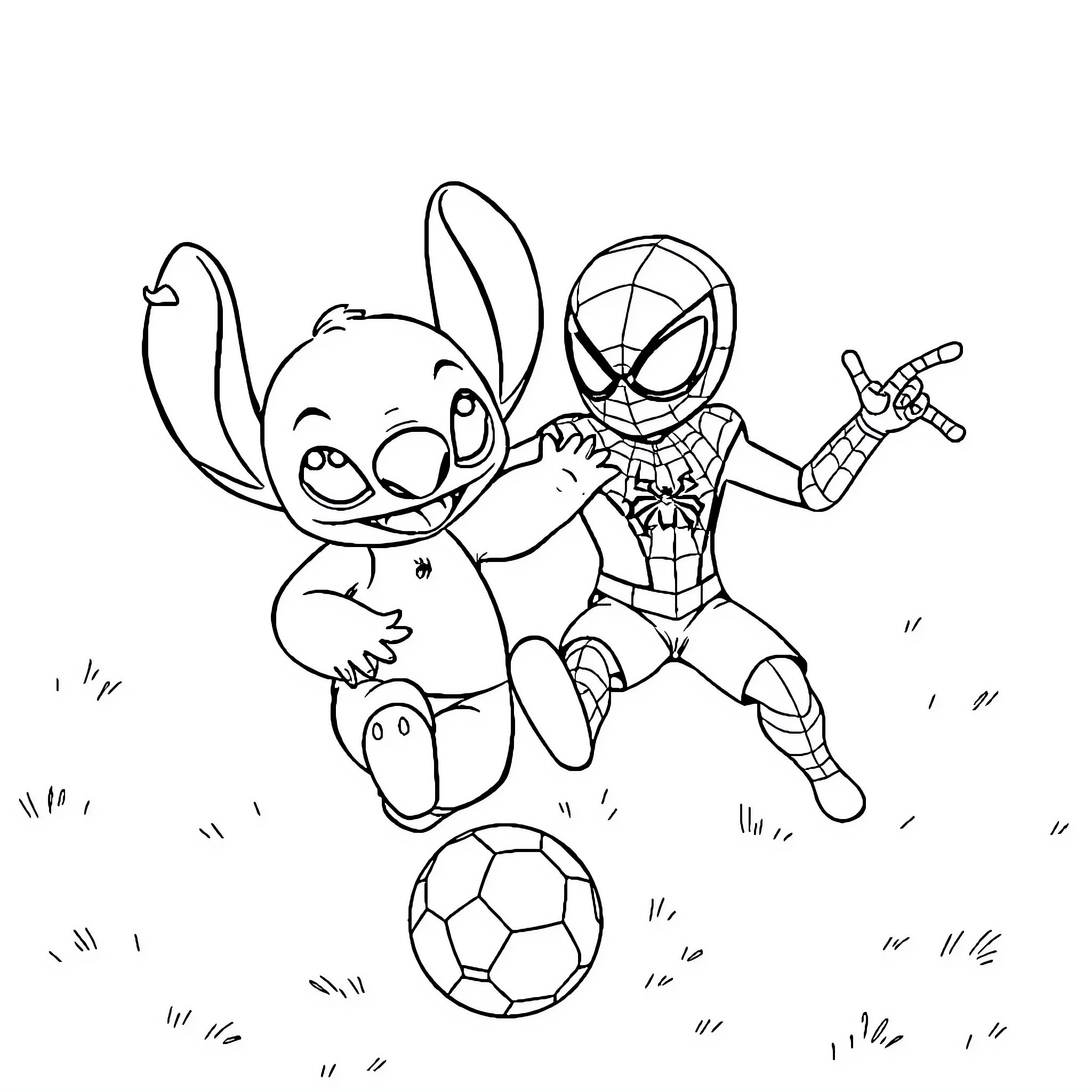 Stitch and Spider-Man playing happily on the field Coloring Page (free black-and-white line drawing printable PDF for all, from beginners to advanced learners, including children, teens, adults, and seniors)