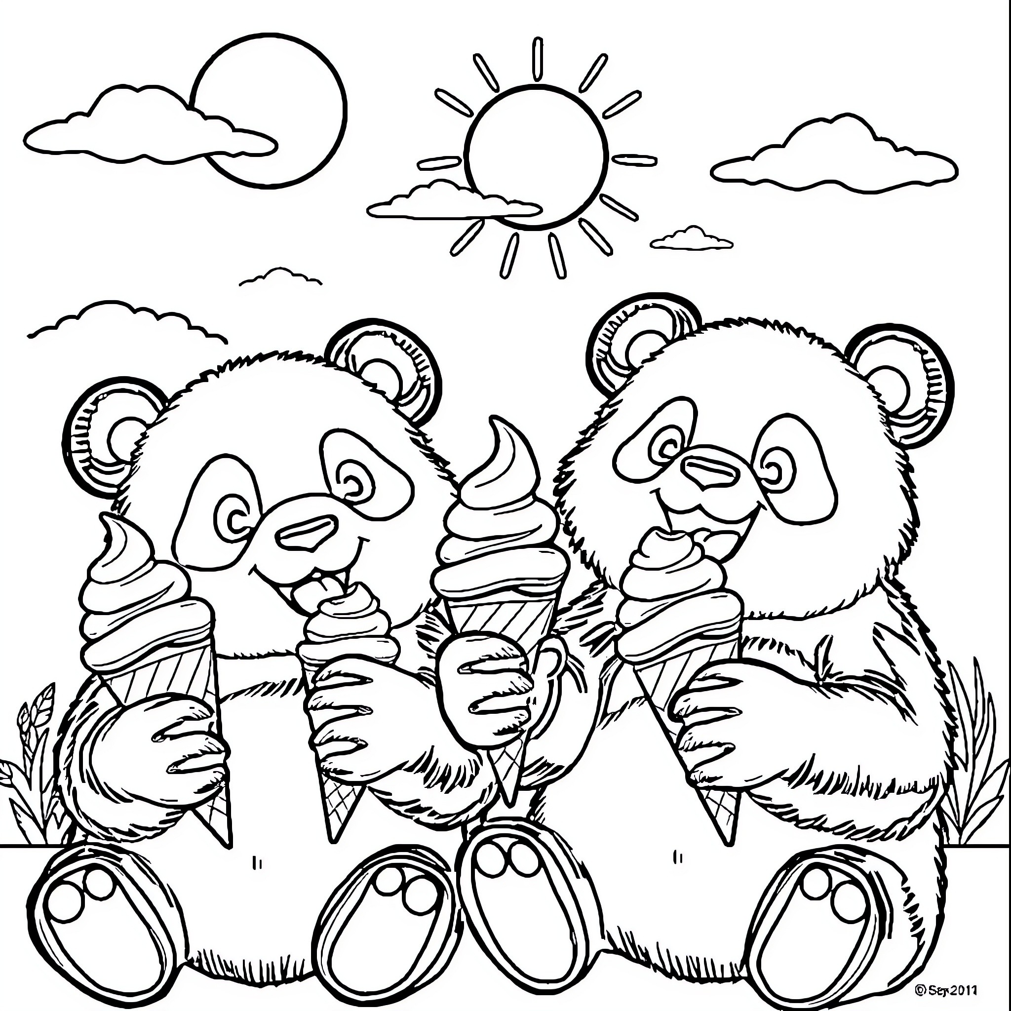 Panda bears enjoying ice cream on a sunny day Coloring Page (free black-and-white line drawing printable PDF for all, from beginners to advanced learners, including children, teens, adults, and seniors)