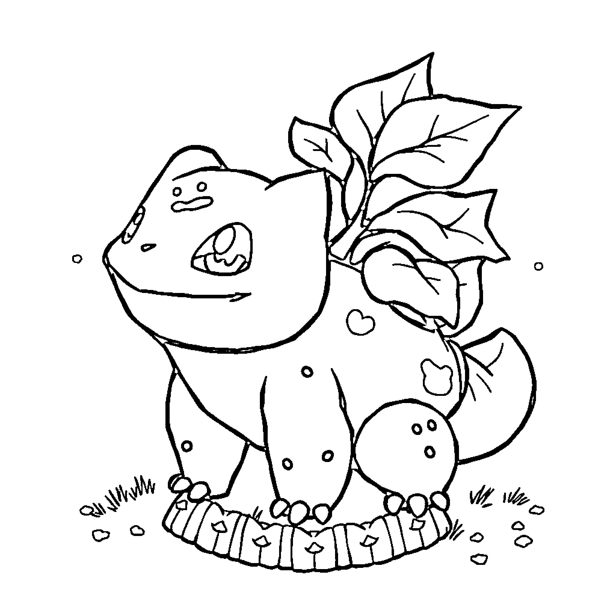 Bulbasaur enjoying nature with leaves and flowers Coloring Page (free black-and-white line drawing printable PDF for all, from beginners to advanced learners, including children, teens, adults, and seniors)