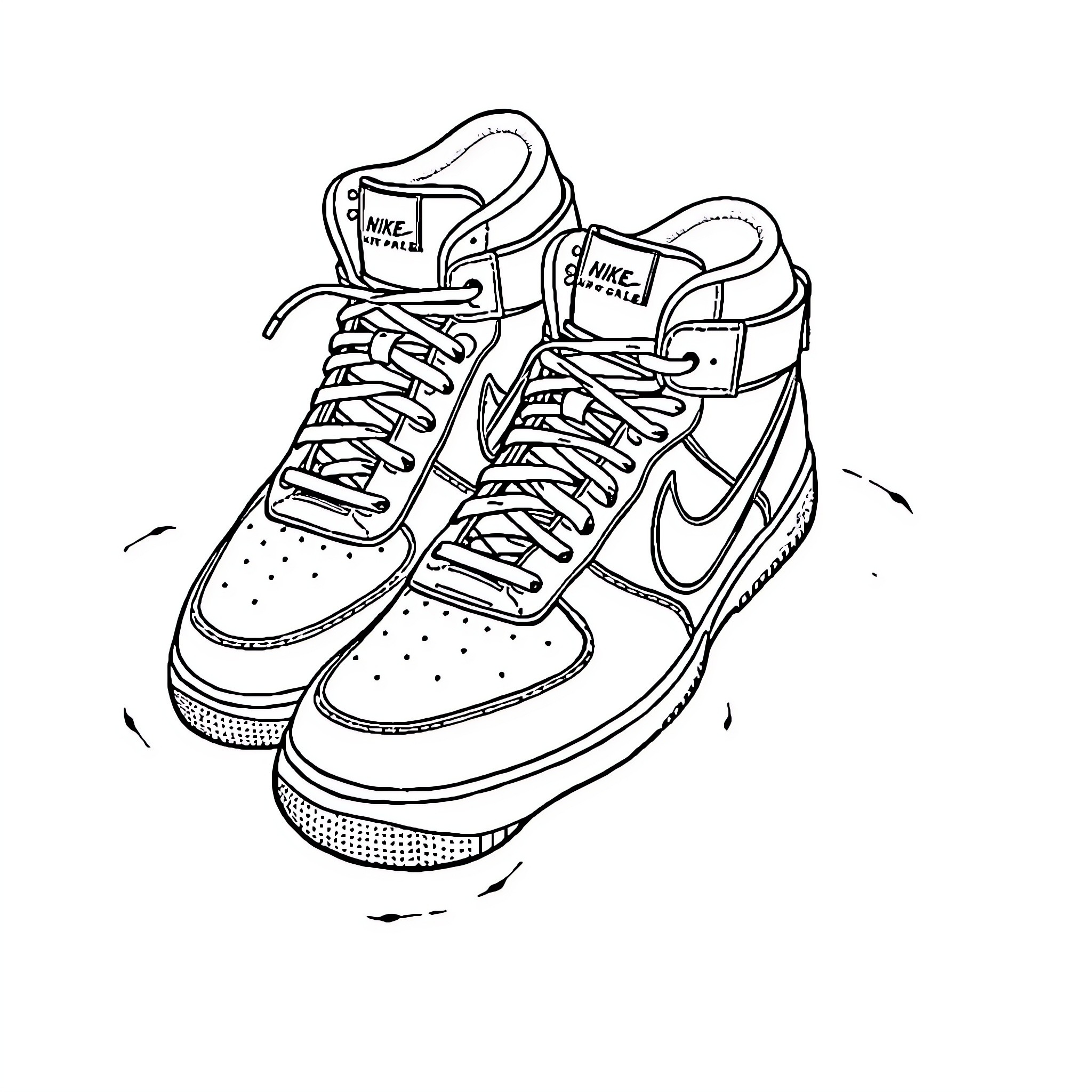 Nike Air Force One sneakers on white background Coloring Page (free black-and-white line drawing printable PDF for all, from beginners to advanced learners, including children, teens, adults, and seniors)