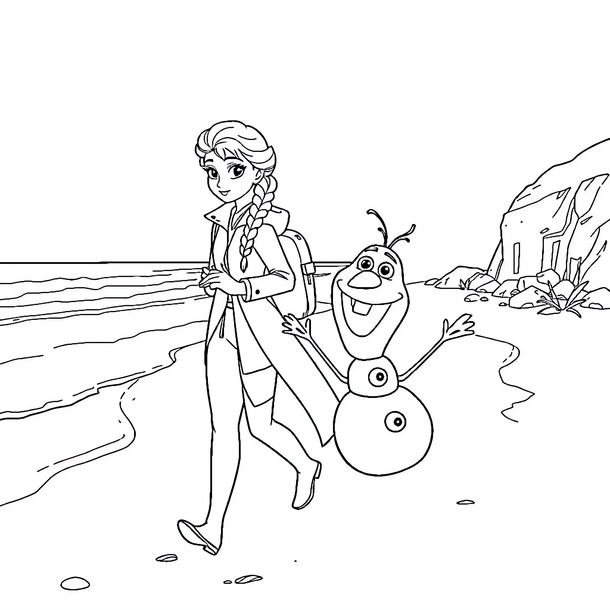Elsa's Adventure with Olaf on the Beach Coloring Page (free black-and-white line drawing printable PDF for all, from beginners to advanced learners, including children, teens, adults, and seniors)