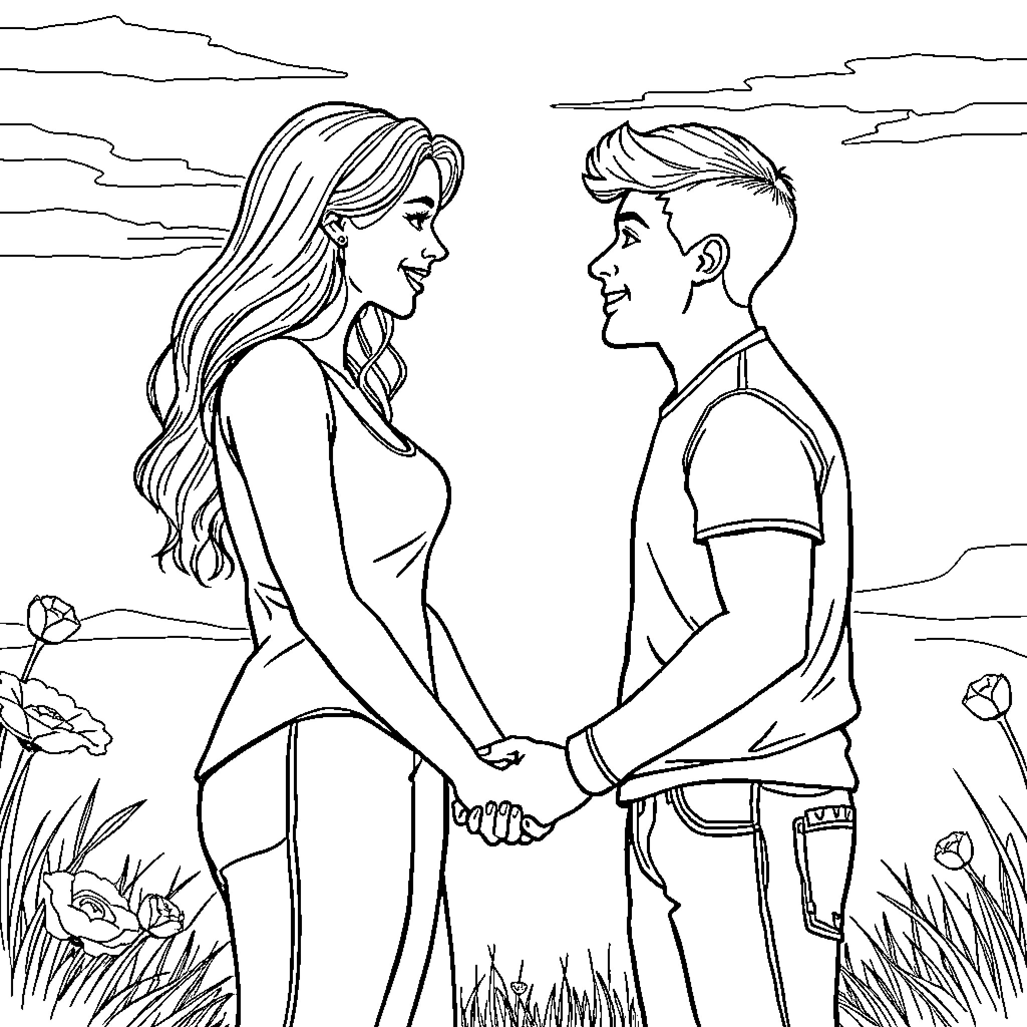 Catrina's Romantic Encounter in the Countryside Coloring Page (free black-and-white line drawing printable PDF for all, from beginners to advanced learners, including children, teens, adults, and seniors)