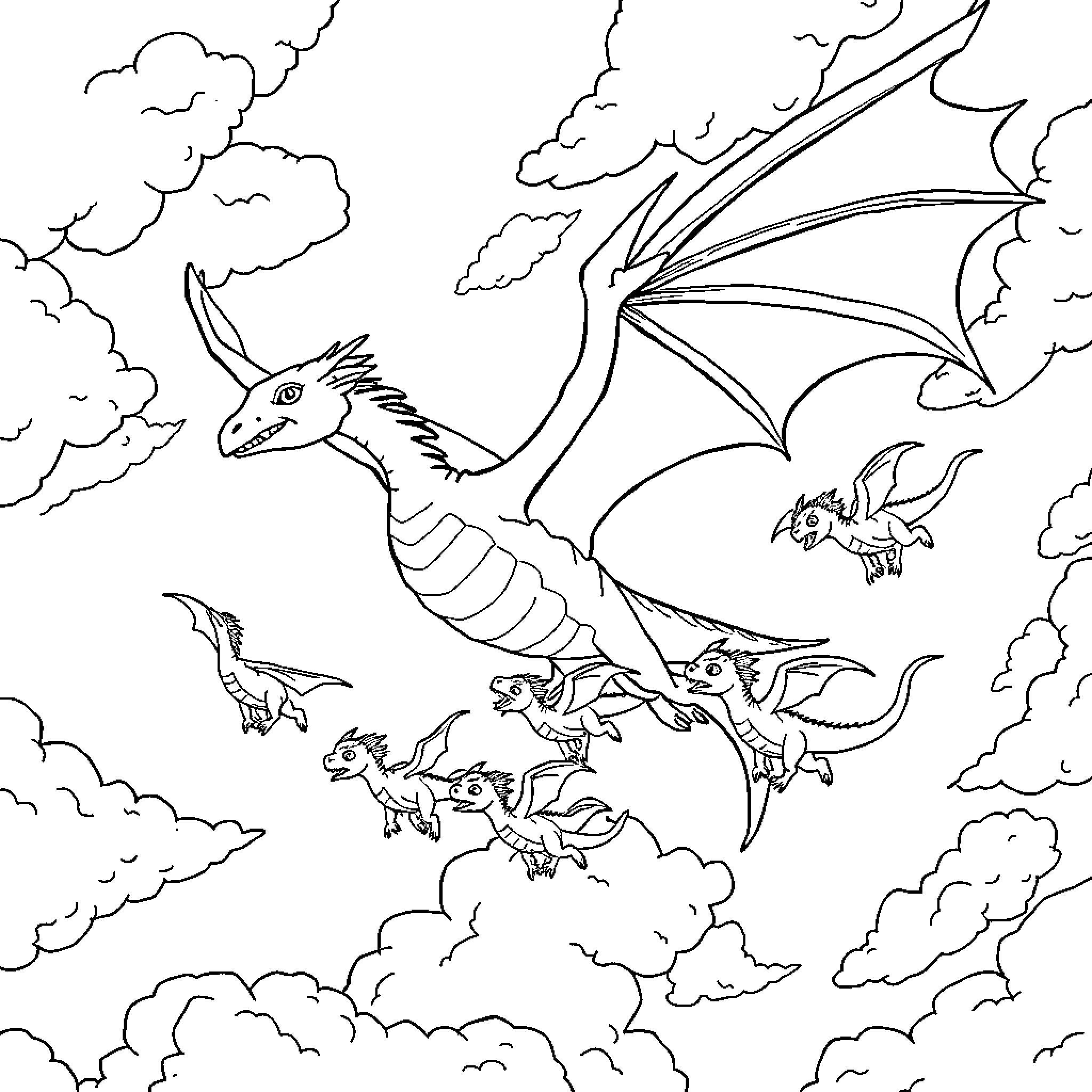 Dragon soaring through cloudy skies with others Coloring Page (free black-and-white line drawing printable PDF for all, from beginners to advanced learners, including children, teens, adults, and seniors)
