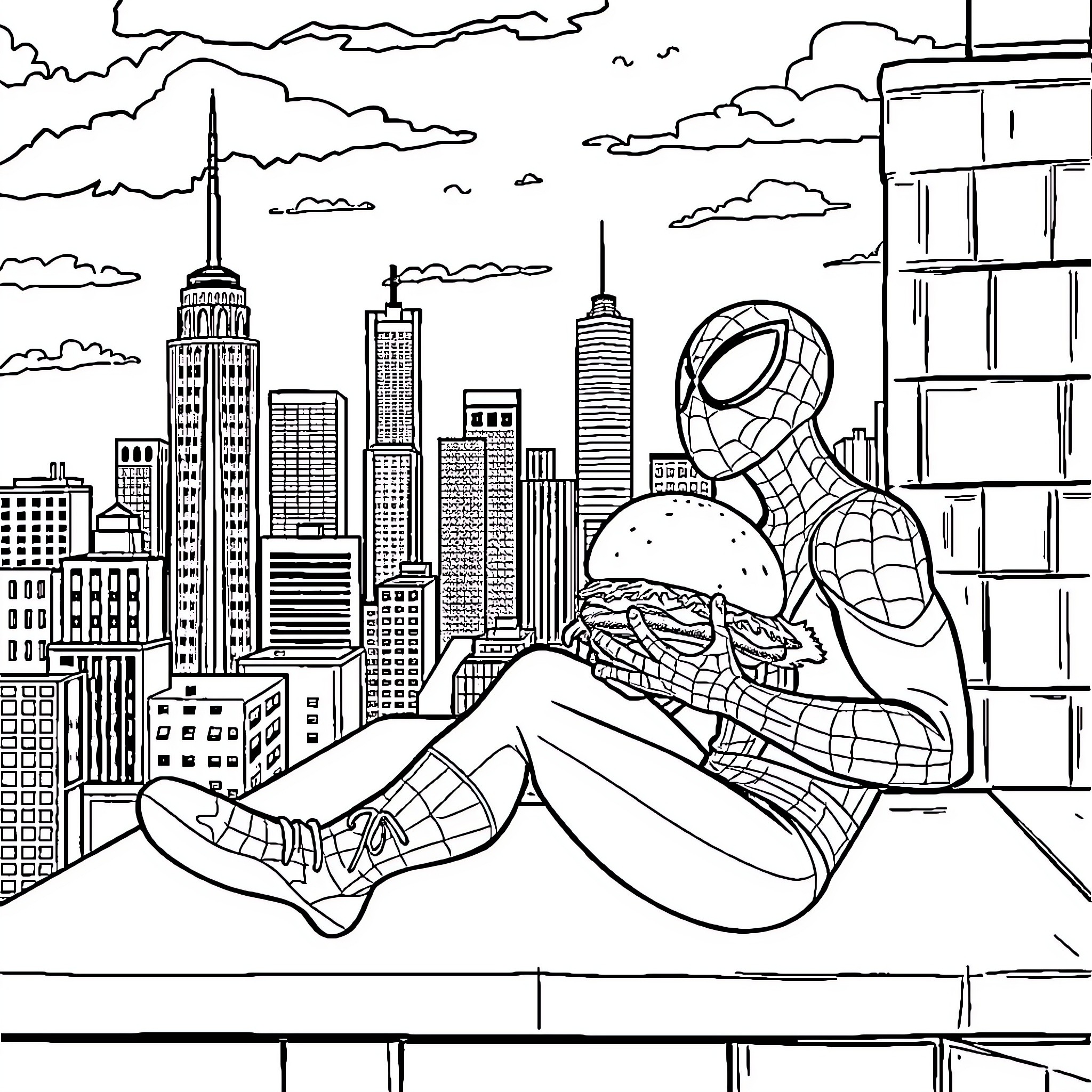 Spiderman resting on a rooftop in the city Coloring Page (free black-and-white line drawing printable PDF for all, from beginners to advanced learners, including children, teens, adults, and seniors)