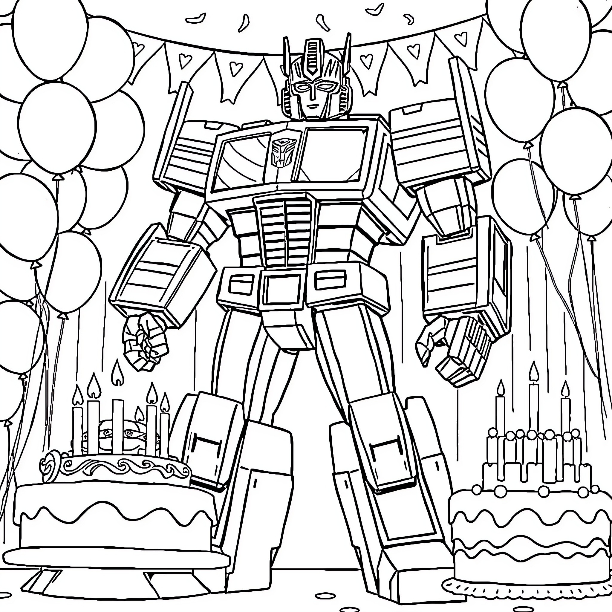 Optimus Prime Celebrates a Festive Occasion Coloring Page (free black-and-white line drawing printable PDF for all, from beginners to advanced learners, including children, teens, adults, and seniors)