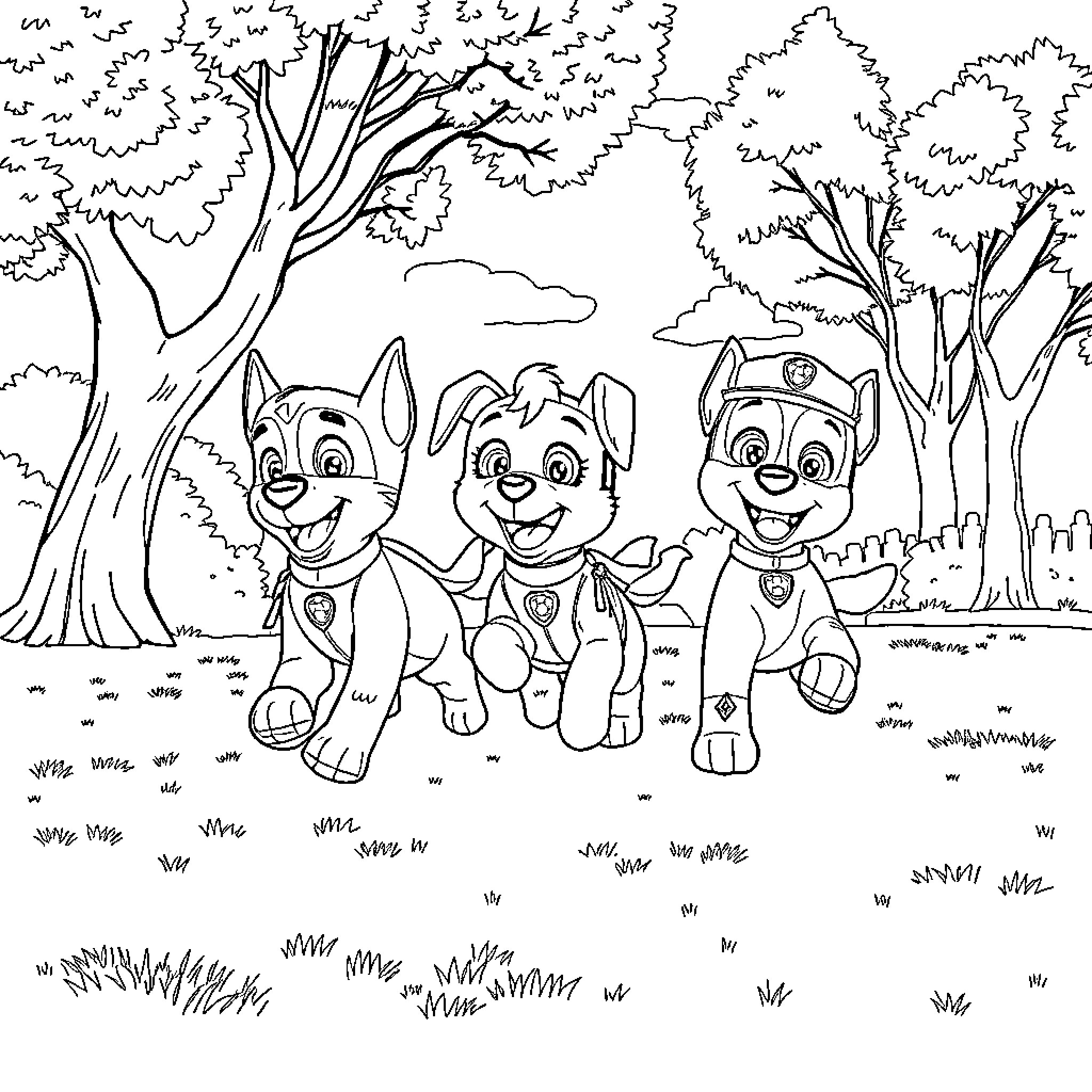 Paw Patrol Pups on a Fun Outdoor Adventure Coloring Page (free black-and-white line drawing printable PDF for all, from beginners to advanced learners, including children, teens, adults, and seniors)