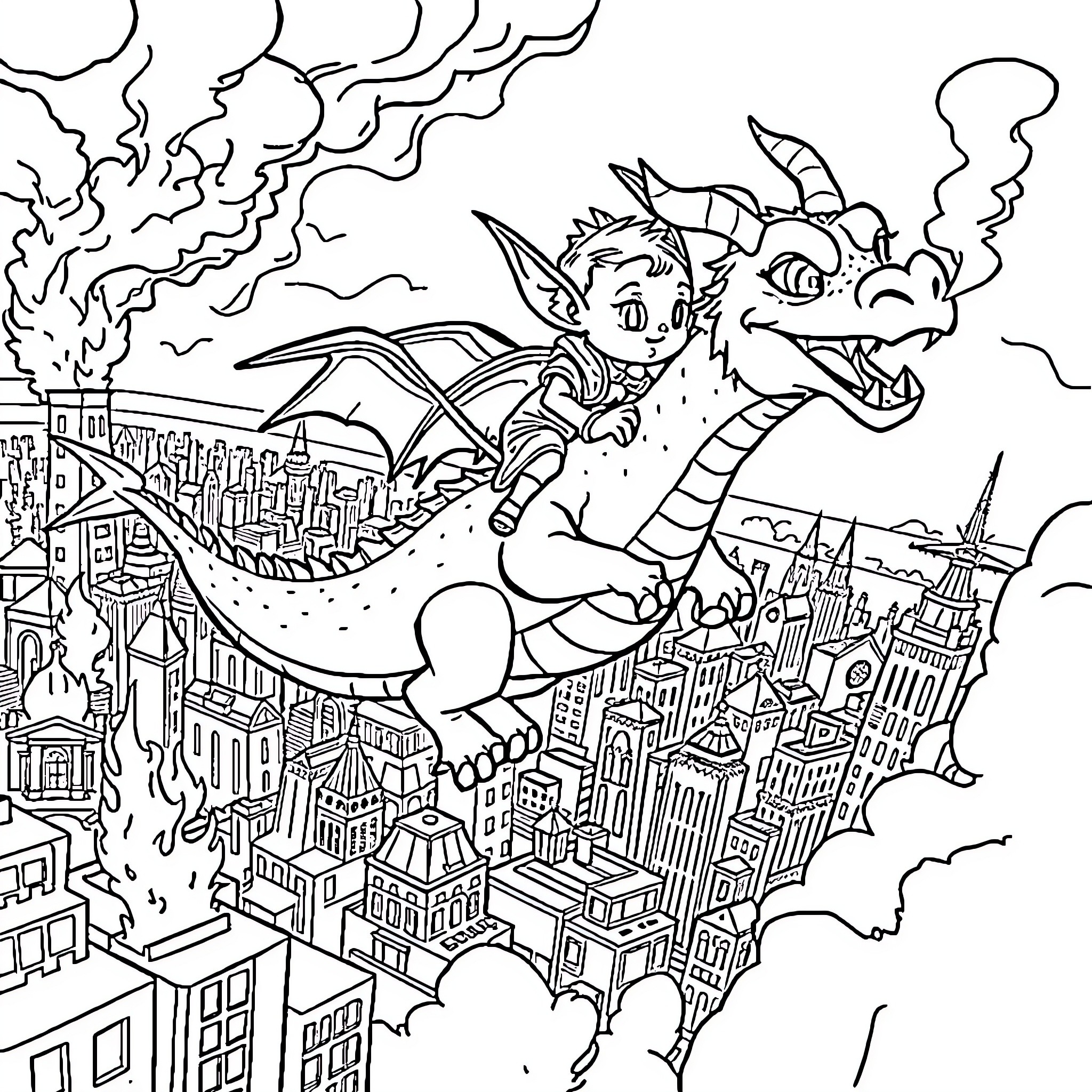 Goblin riding a fire-breathing dragon over the city Coloring Page (free black-and-white line drawing printable PDF for all, from beginners to advanced learners, including children, teens, adults, and seniors)