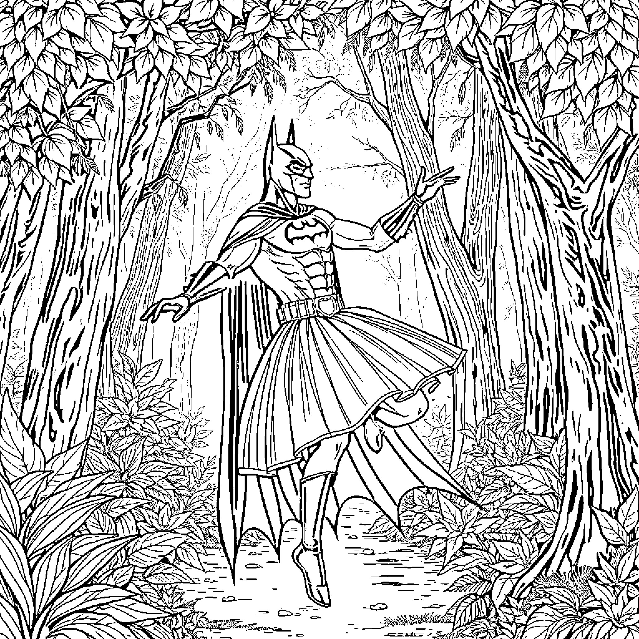 Batman exploring the dark and mysterious forest Coloring Page (free black-and-white line drawing printable PDF for all, from beginners to advanced learners, including children, teens, adults, and seniors)