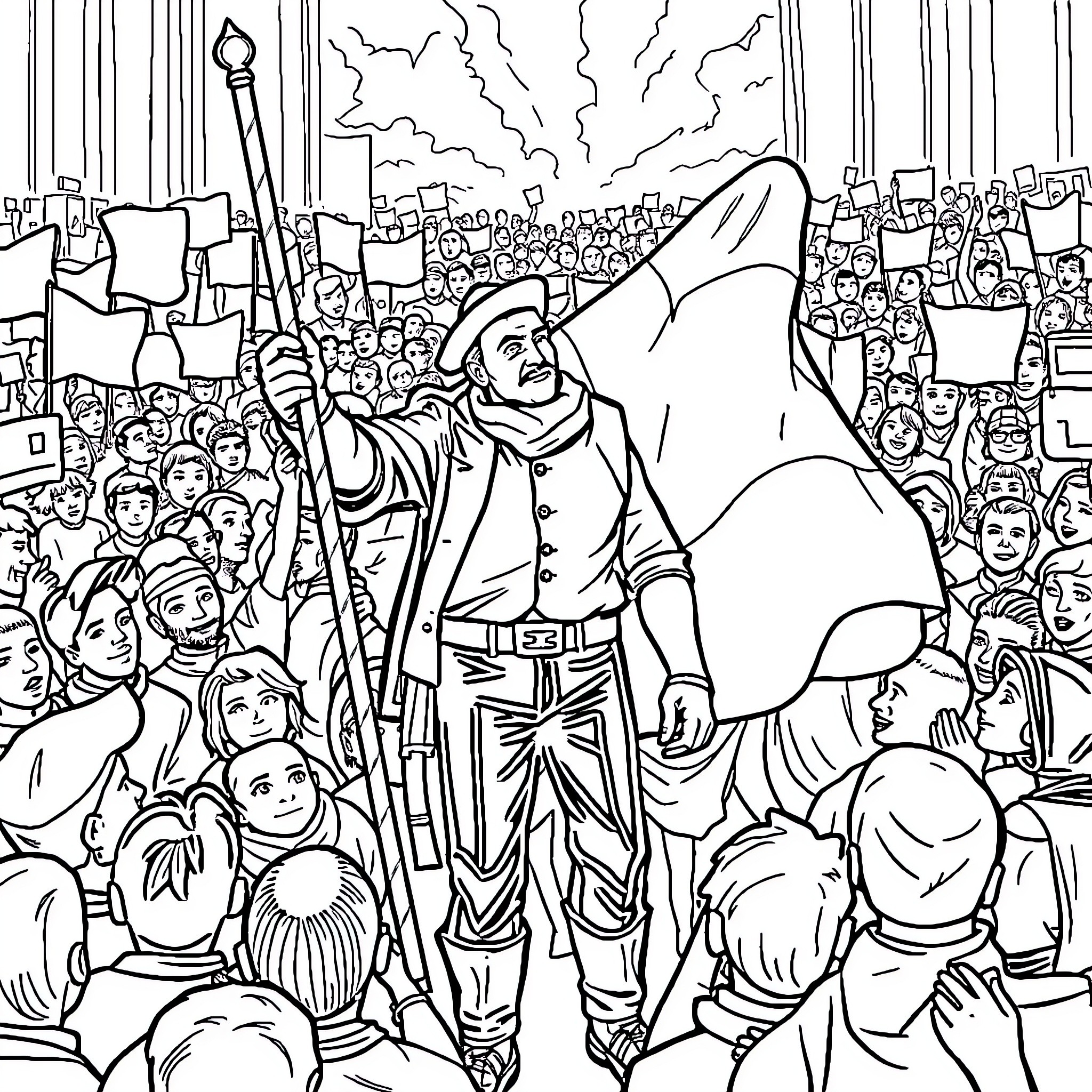 Irish Republican Protest Demonstration with Flags and Banners Coloring Page (free black-and-white line drawing printable PDF for all, from beginners to advanced learners, including children, teens, adults, and seniors)