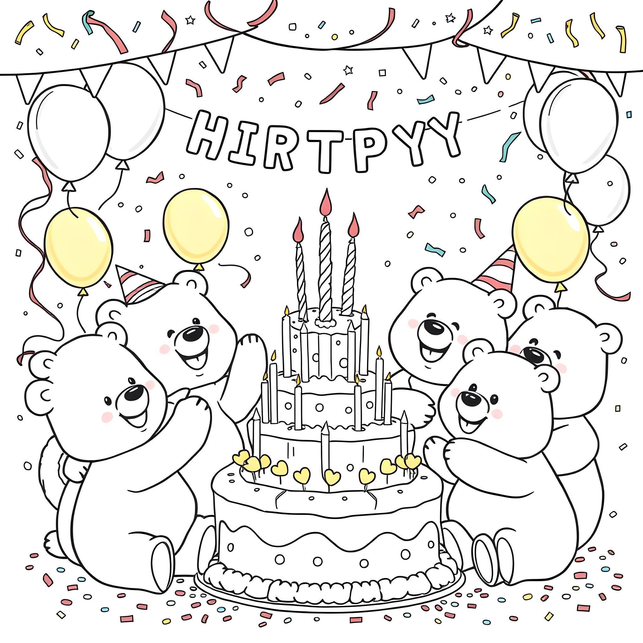 Bear birthday party with cake and balloons Coloring Page (free black-and-white line drawing printable PDF for all, from beginners to advanced learners, including children, teens, adults, and seniors)