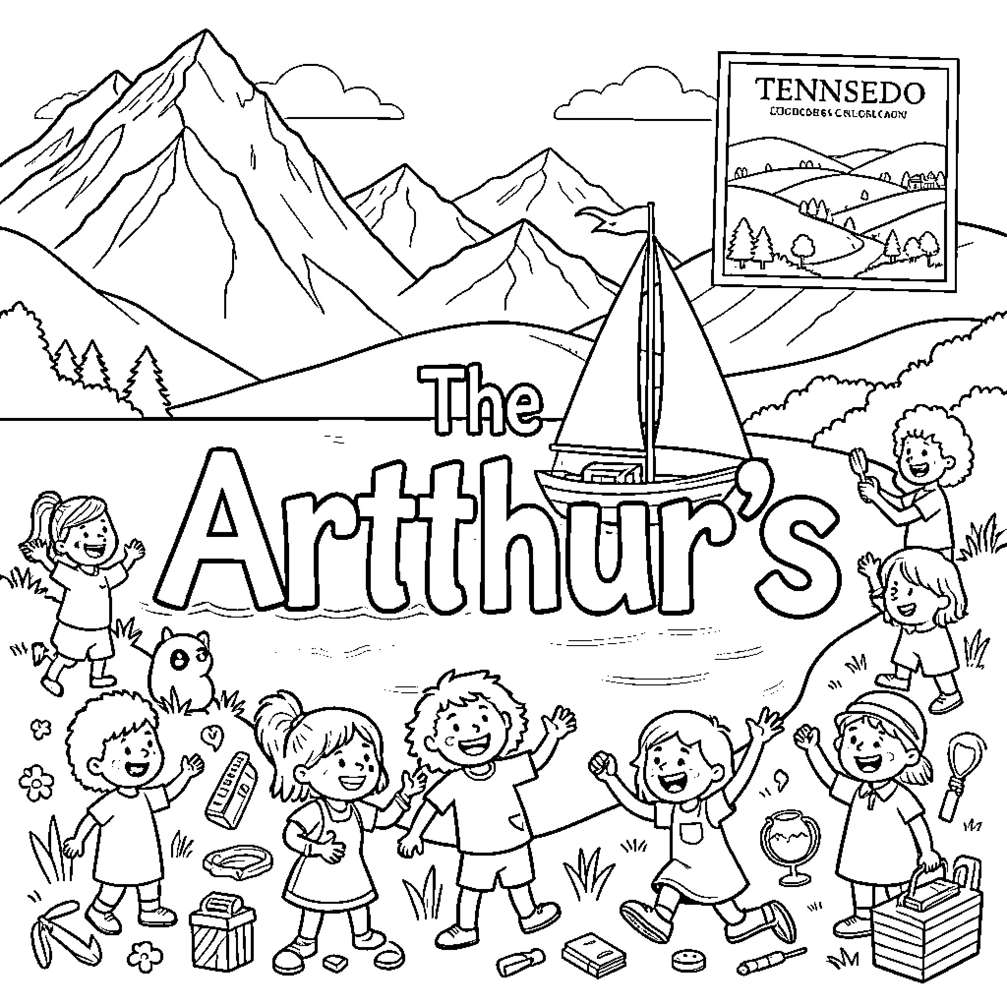 Arthur's Outdoor Adventure in Tennssedo Coloring Page (free black-and-white line drawing printable PDF for all, from beginners to advanced learners, including children, teens, adults, and seniors)