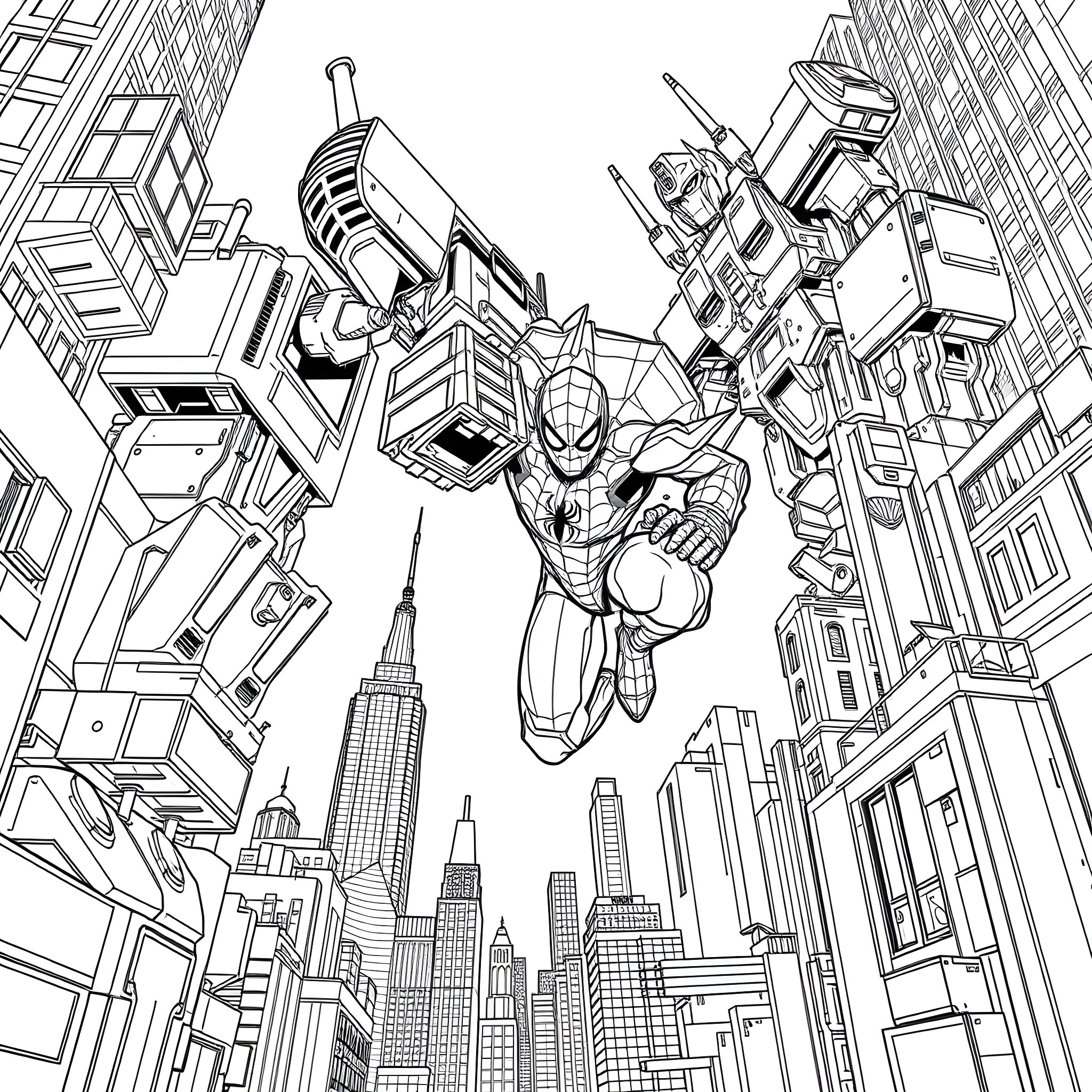 Transformer hero soaring through the city skyline Coloring Page (free black-and-white line drawing printable PDF for all, from beginners to advanced learners, including children, teens, adults, and seniors)