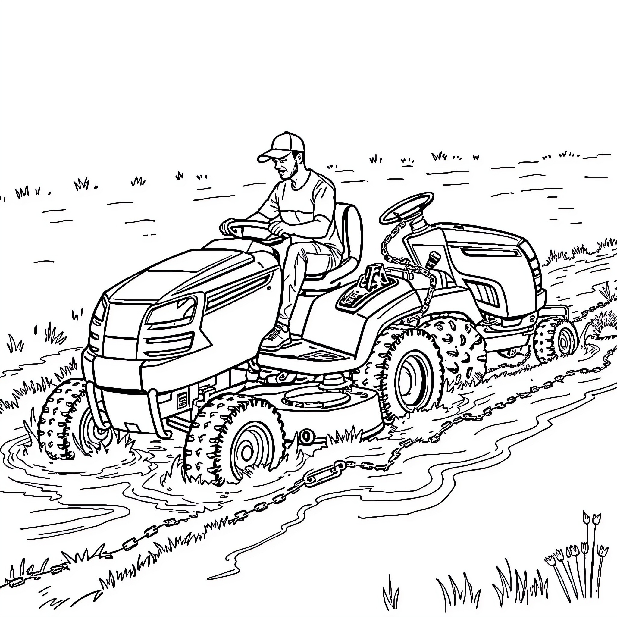 Mower operating riding lawn mower in outdoor garden Coloring Page (free black-and-white line drawing printable PDF for all, from beginners to advanced learners, including children, teens, adults, and seniors)