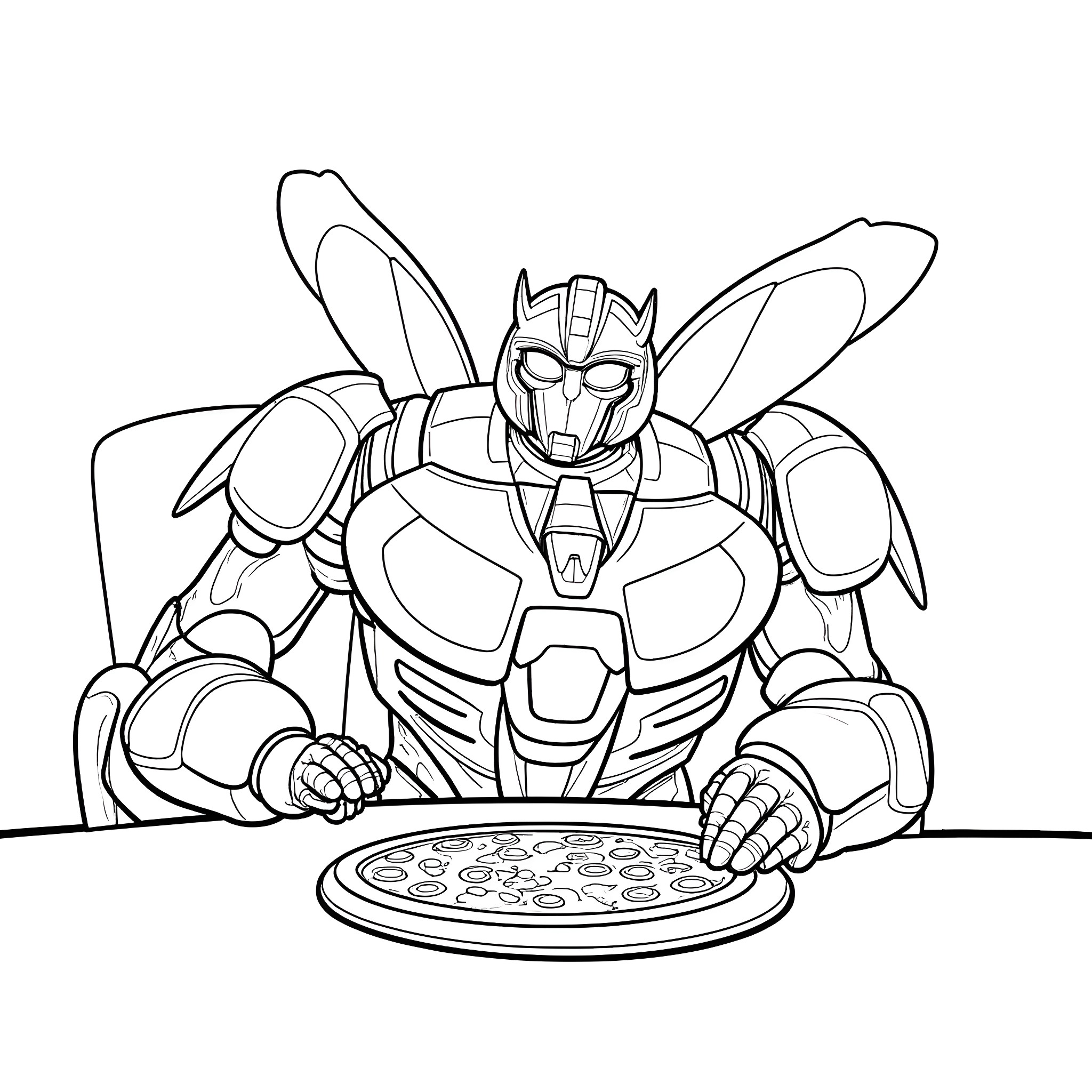 Transformer robot enjoying a pizza Coloring Page (free black-and-white line drawing printable PDF for all, from beginners to advanced learners, including children, teens, adults, and seniors)