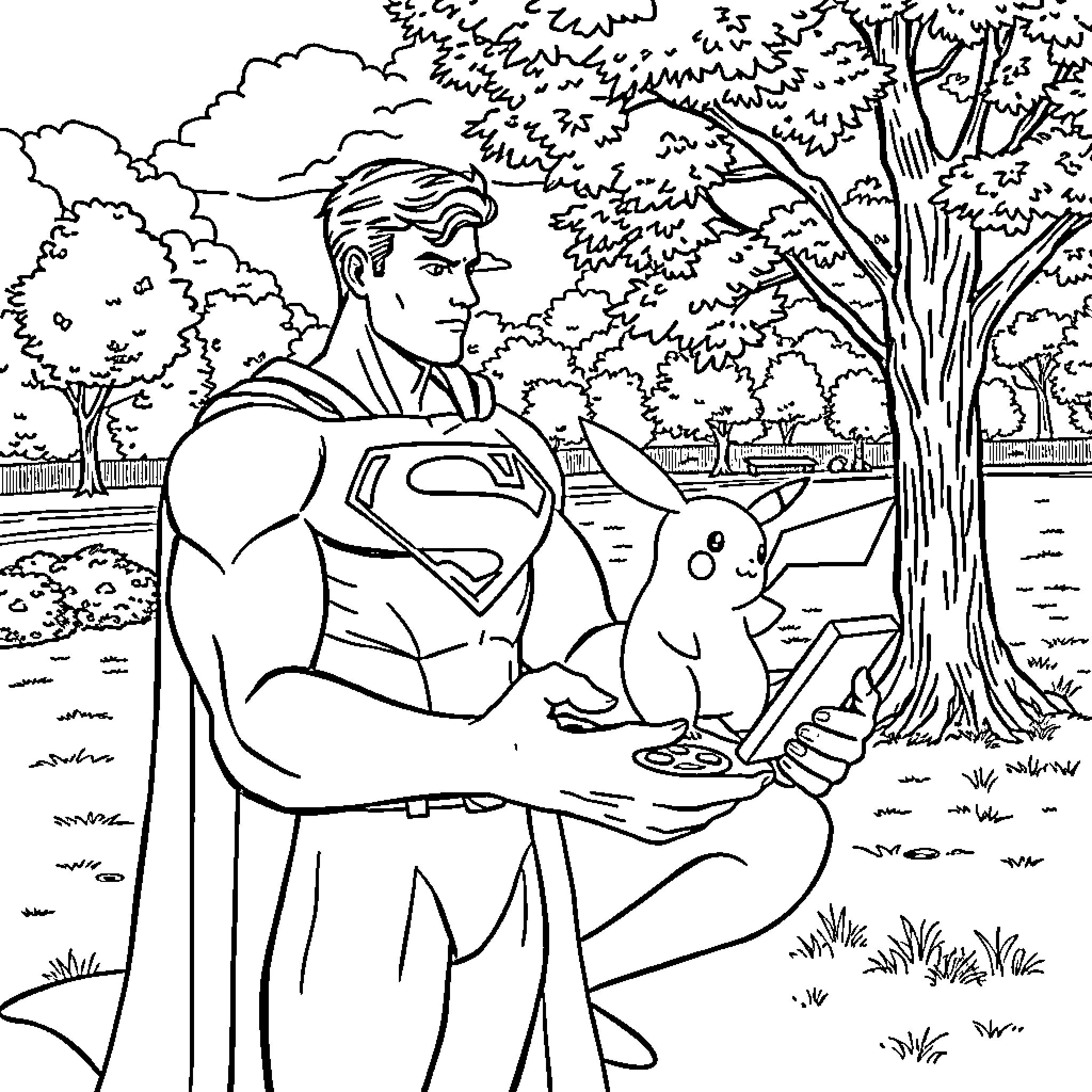 Superman helping cute animal in park scene Coloring Page (free black-and-white line drawing printable PDF for all, from beginners to advanced learners, including children, teens, adults, and seniors)
