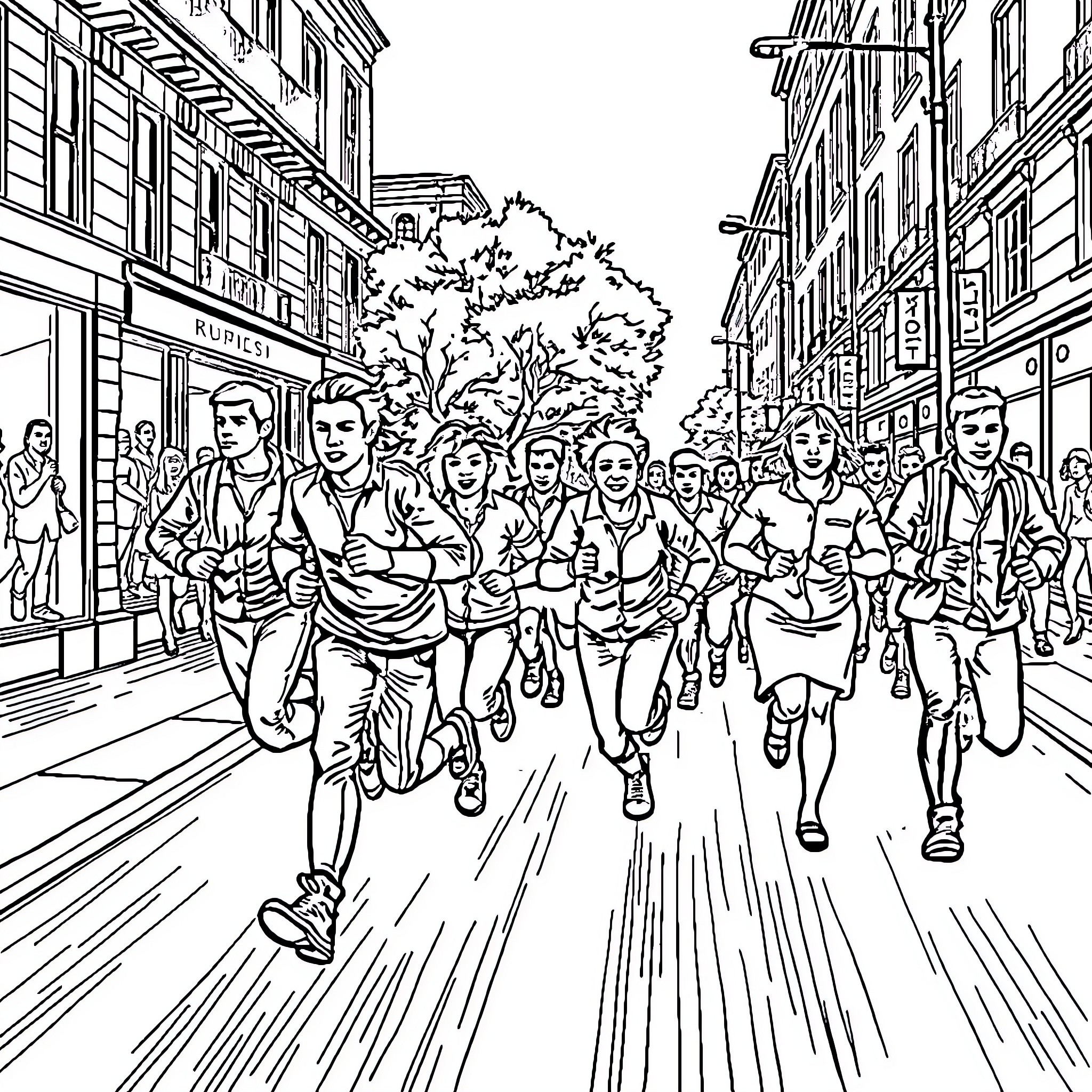 Person running in a busy city street Coloring Page (free black-and-white line drawing printable PDF for all, from beginners to advanced learners, including children, teens, adults, and seniors)