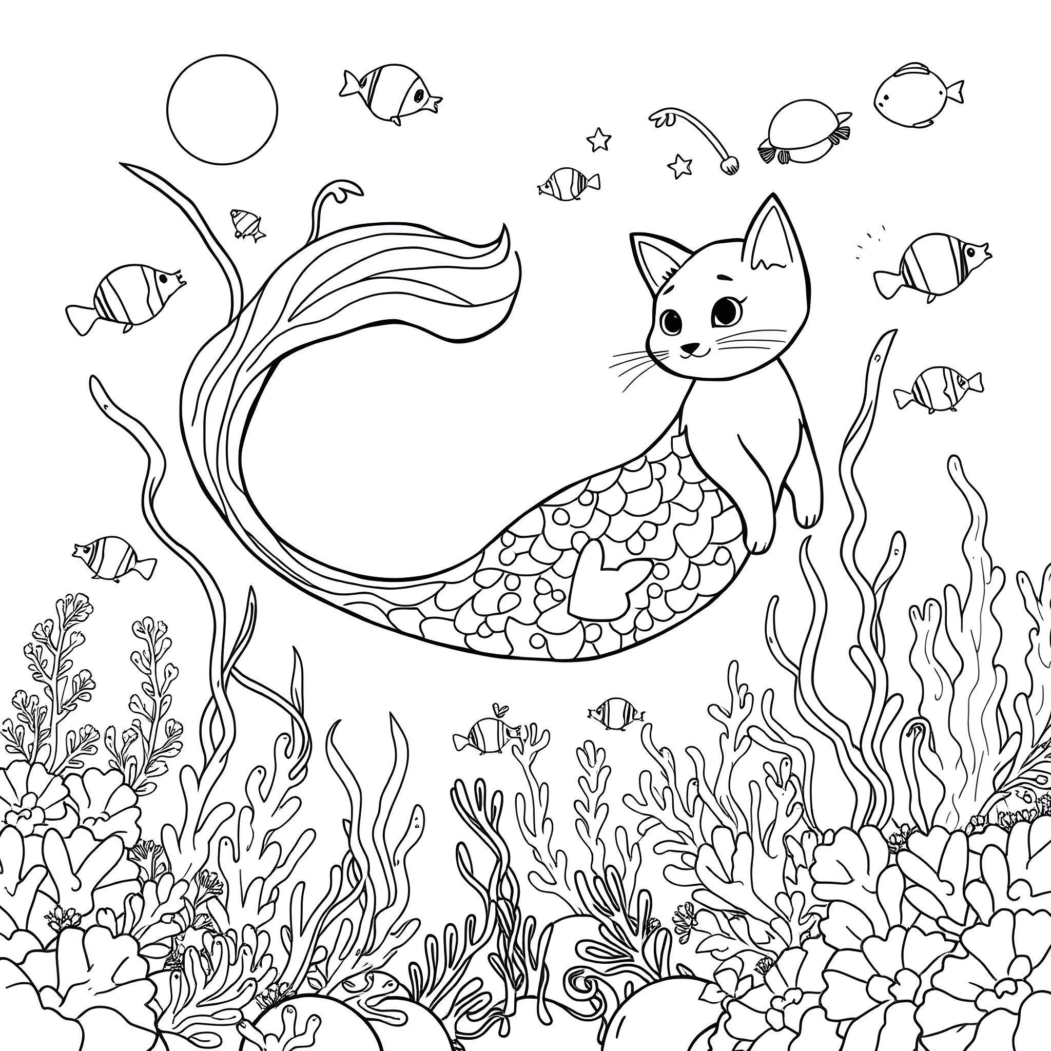 Cat Mermaid Exploring Underwater Wonderland Coloring Page (free black-and-white line drawing printable PDF for all, from beginners to advanced learners, including children, teens, adults, and seniors)