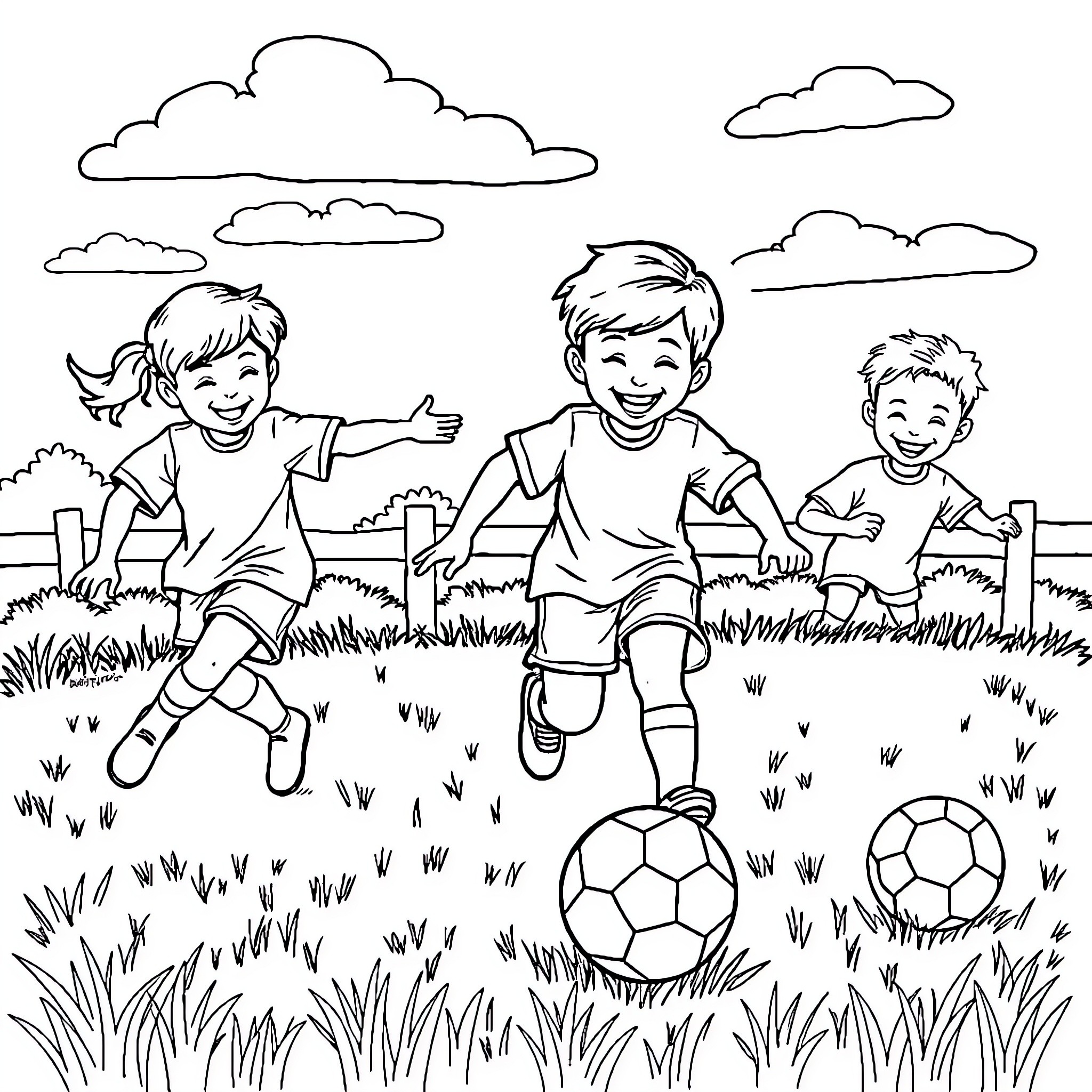 Kid enjoying playing soccer with friends in the field Coloring Page (free black-and-white line drawing printable PDF for all, from beginners to advanced learners, including children, teens, adults, and seniors)
