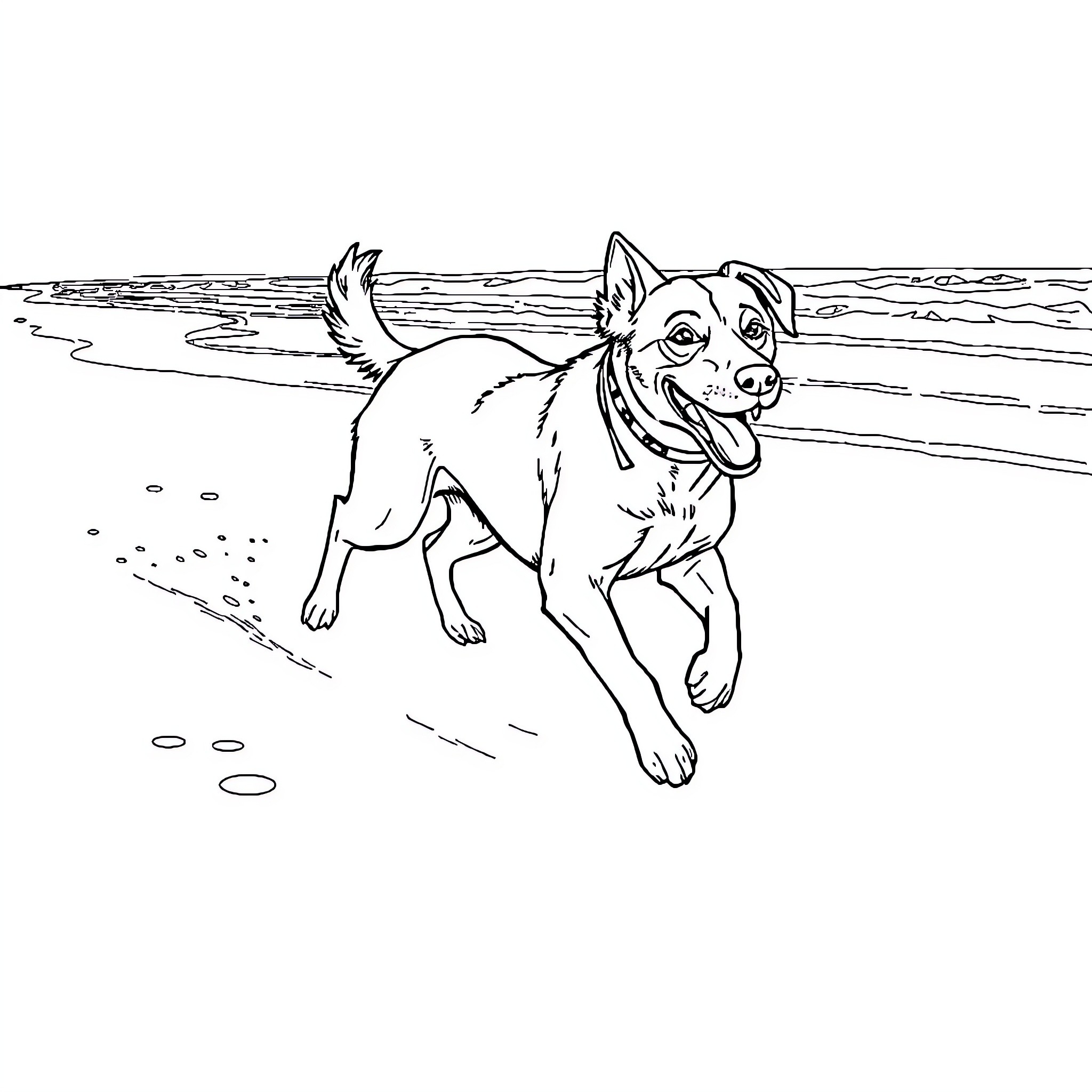 Dog running playfully on the beach Coloring Page (free black-and-white line drawing printable PDF for all, from beginners to advanced learners, including children, teens, adults, and seniors)