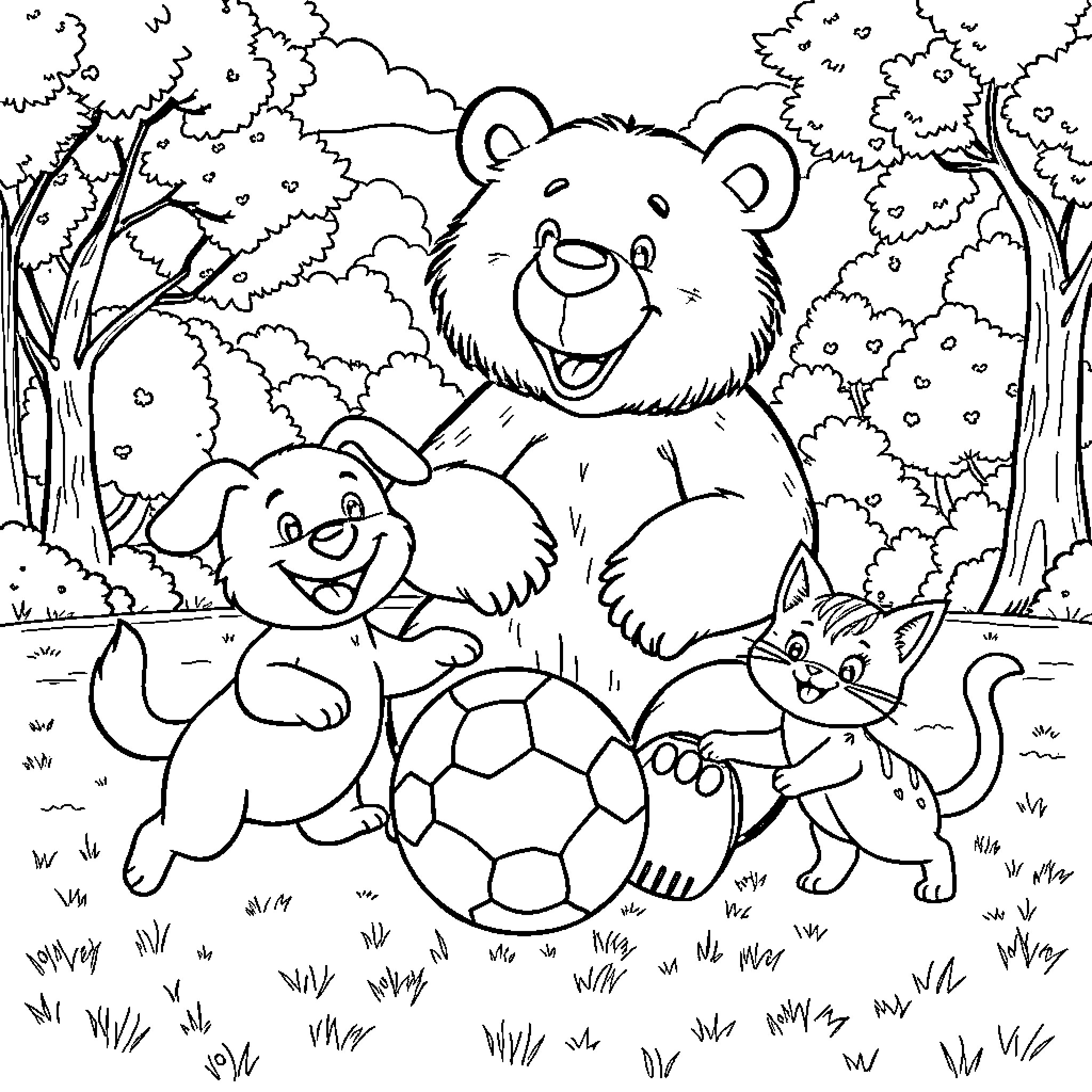 Dog and friends playing with a ball in the forest Coloring Page (free black-and-white line drawing printable PDF for all, from beginners to advanced learners, including children, teens, adults, and seniors)