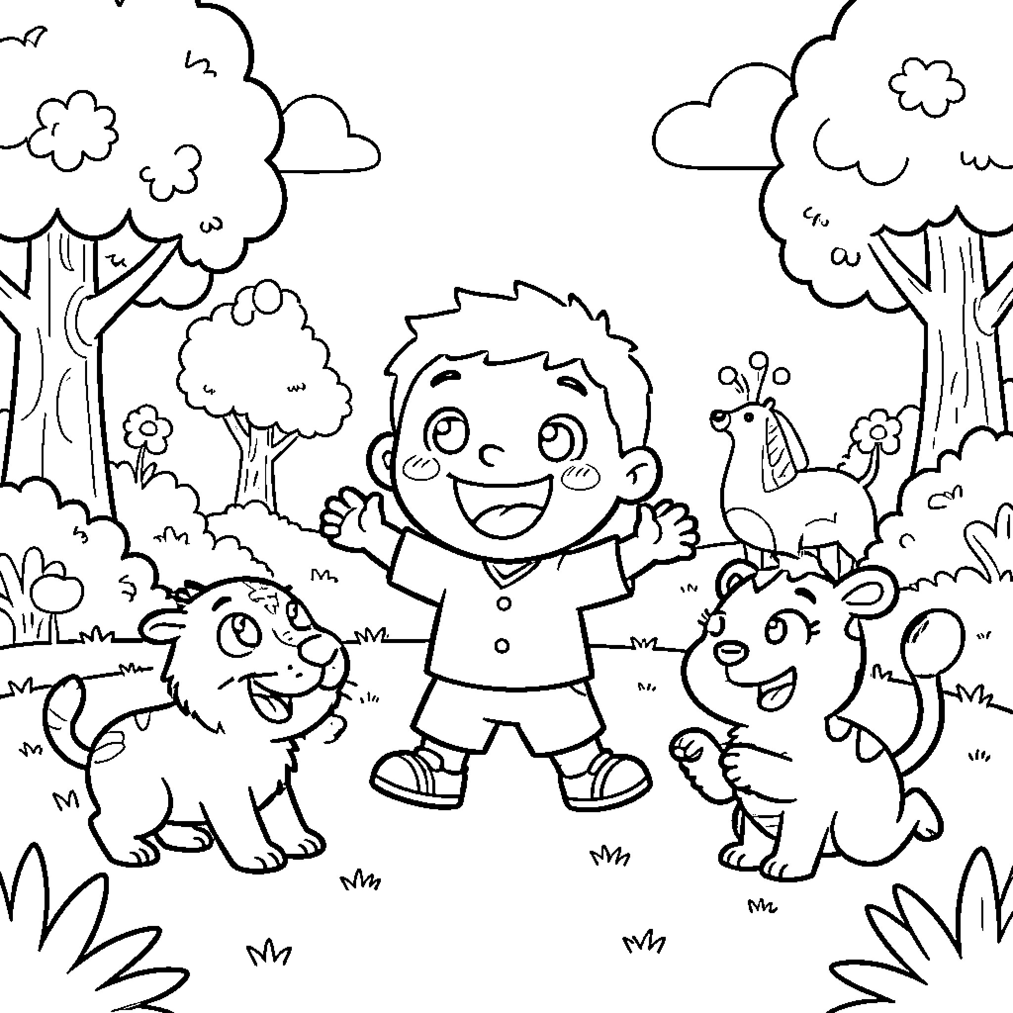 Pocoyo playing joyfully with pets in nature Coloring Page (free black-and-white line drawing printable PDF for all, from beginners to advanced learners, including children, teens, adults, and seniors)