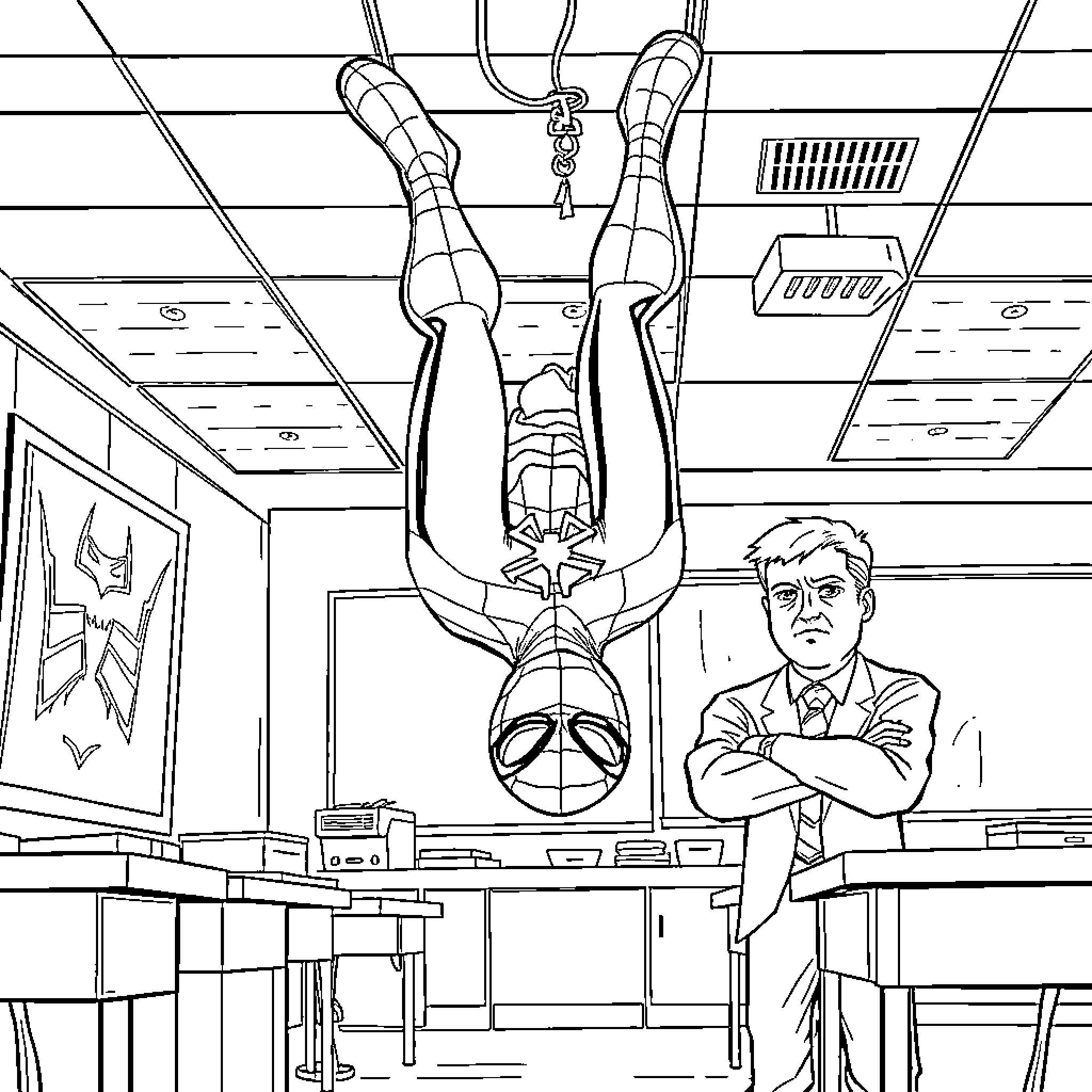 Spiderman rescues student in classroom Coloring Page (free black-and-white line drawing printable PDF for all, from beginners to advanced learners, including children, teens, adults, and seniors)