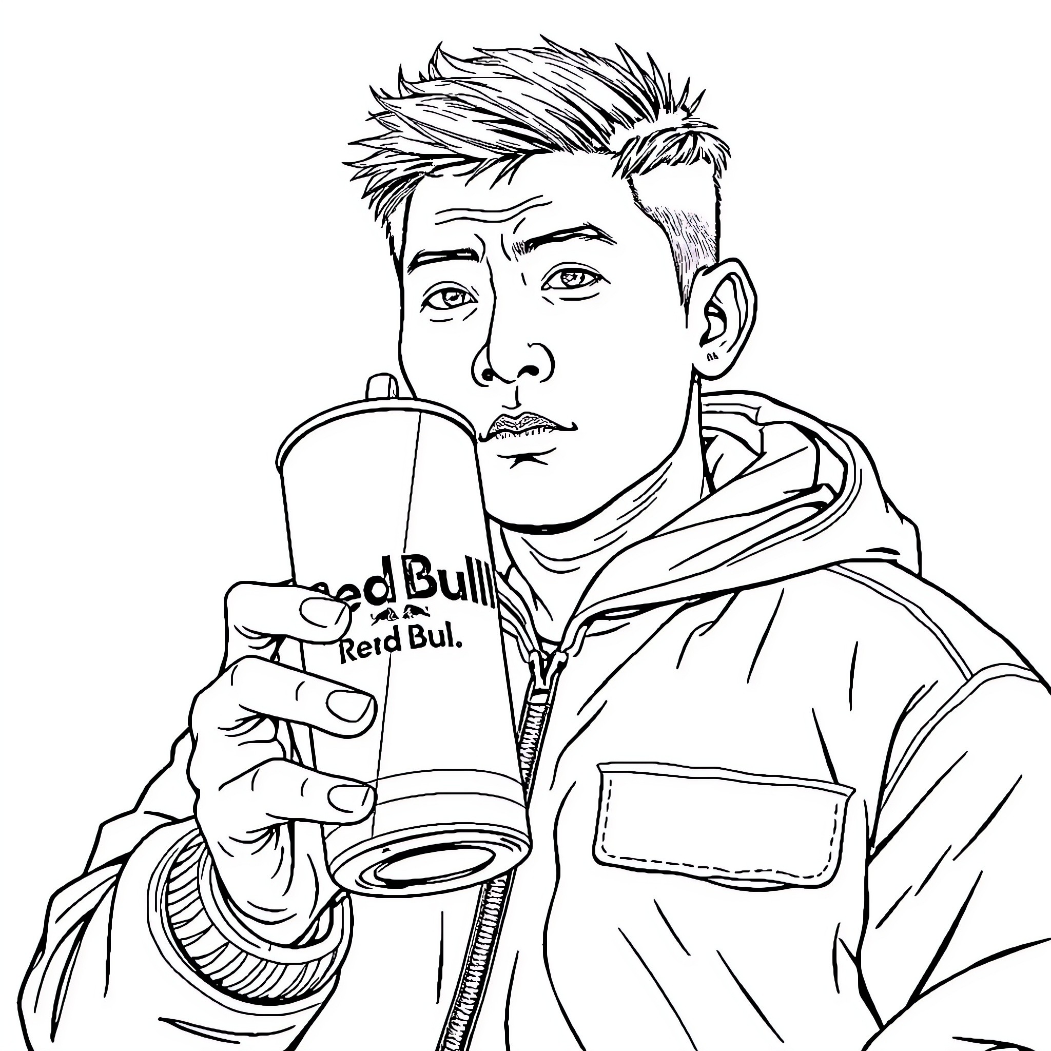 Kim Jung Gi - Man Drinking Energy Drink Coloring Page (free black-and-white line drawing printable PDF for all, from beginners to advanced learners, including children, teens, adults, and seniors)