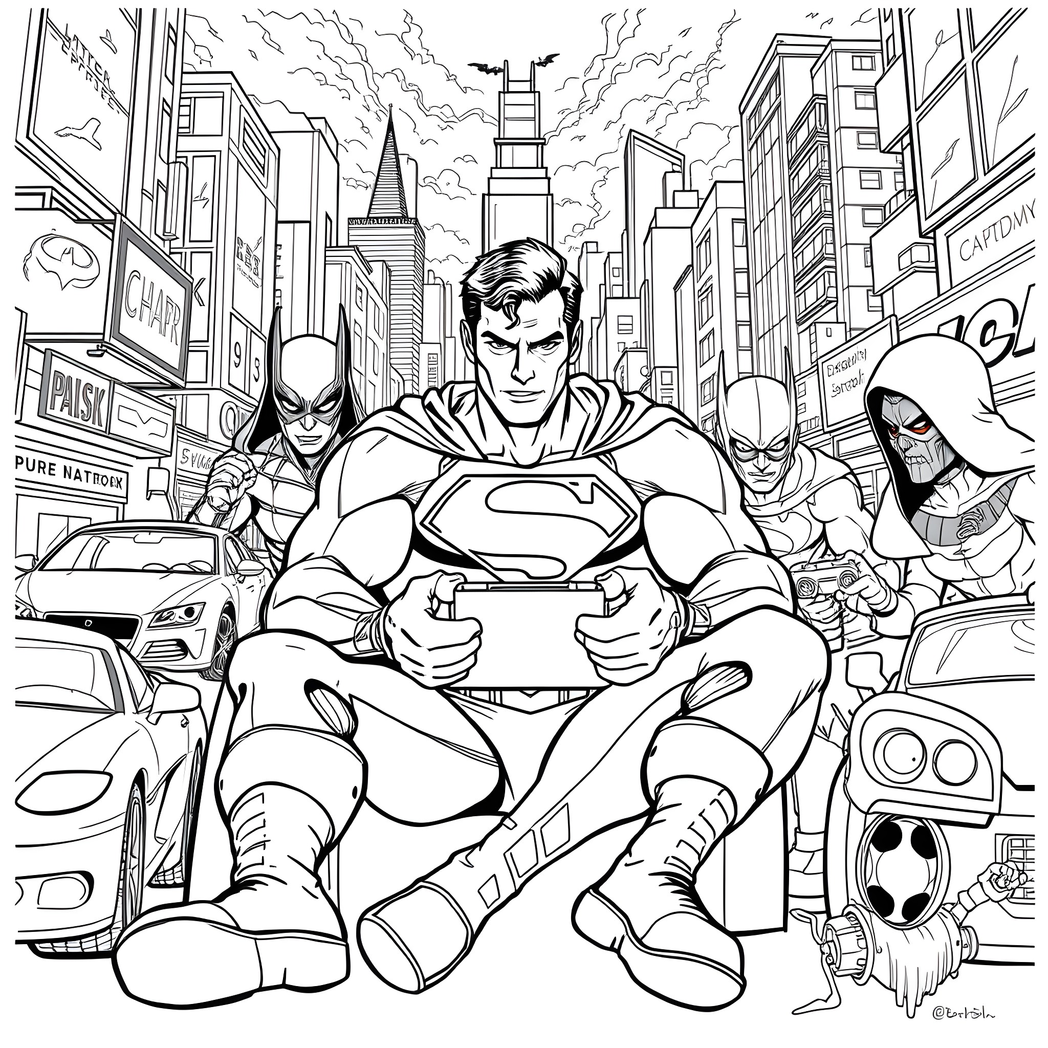 Superman in action-packed city scene with super-powered allies Coloring Page (free black-and-white line drawing printable PDF for all, from beginners to advanced learners, including children, teens, adults, and seniors)