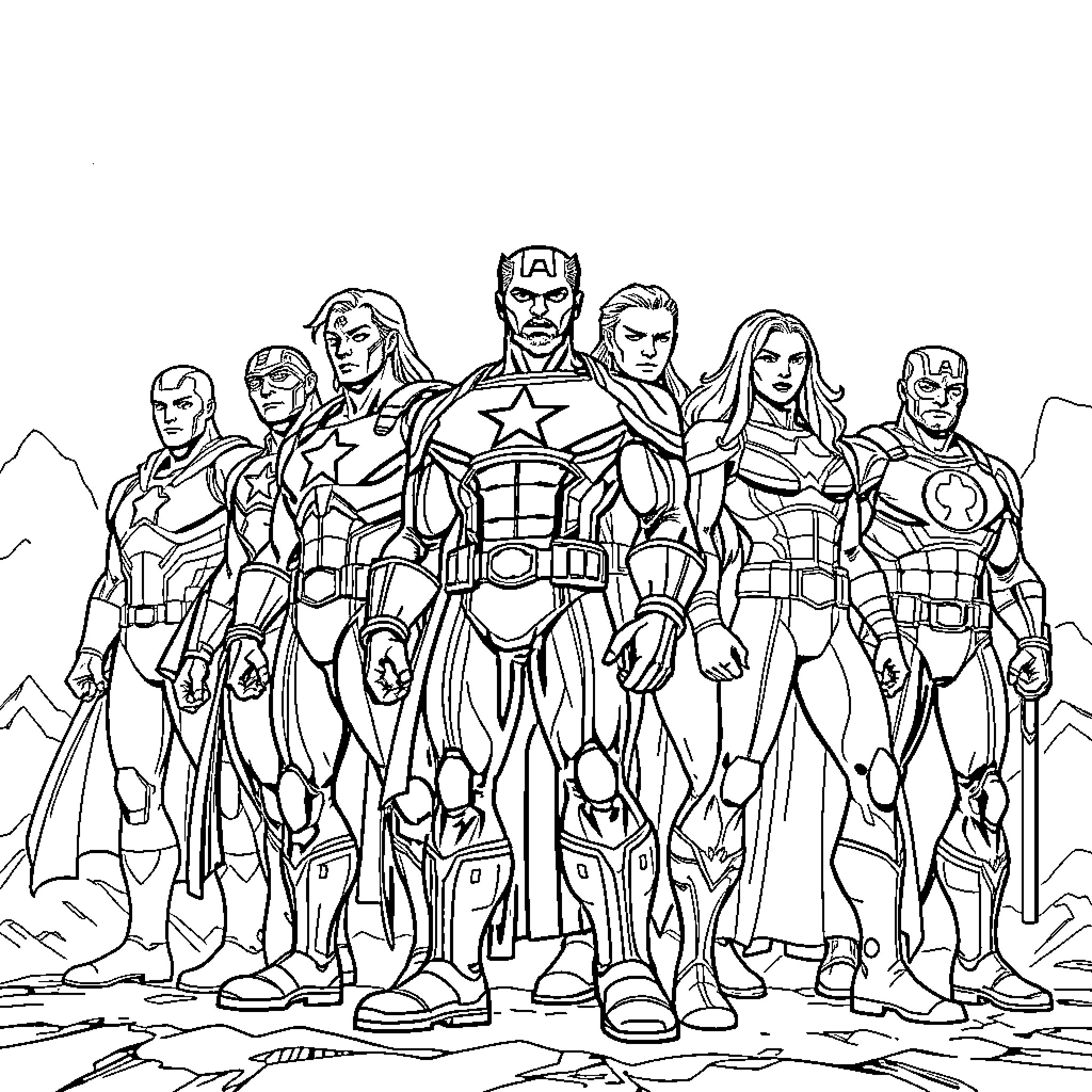 Avenger Heroes Assembled in Battle Stance Coloring Page (free black-and-white line drawing printable PDF for all, from beginners to advanced learners, including children, teens, adults, and seniors)