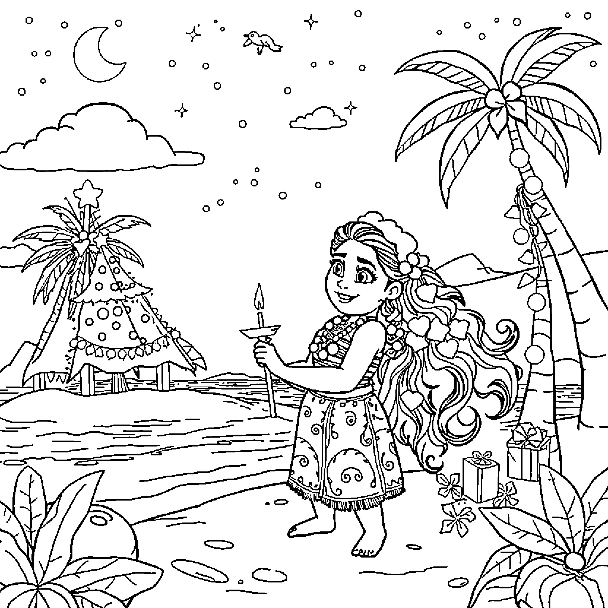 Moana on a tropical island adventure Coloring Page (free black-and-white line drawing printable PDF for all, from beginners to advanced learners, including children, teens, adults, and seniors)