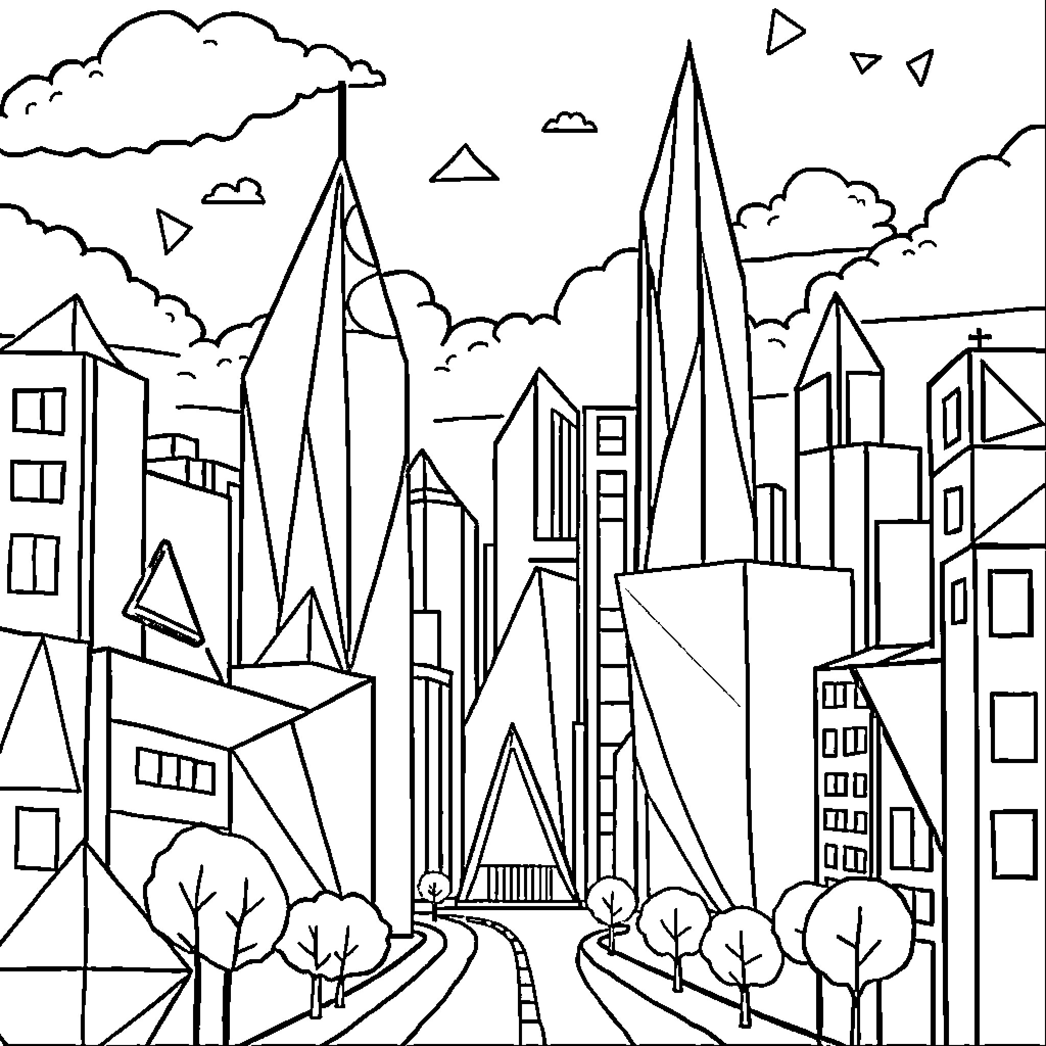 Geometry of an urban skyline Coloring Page (free black-and-white line drawing printable PDF for all, from beginners to advanced learners, including children, teens, adults, and seniors)