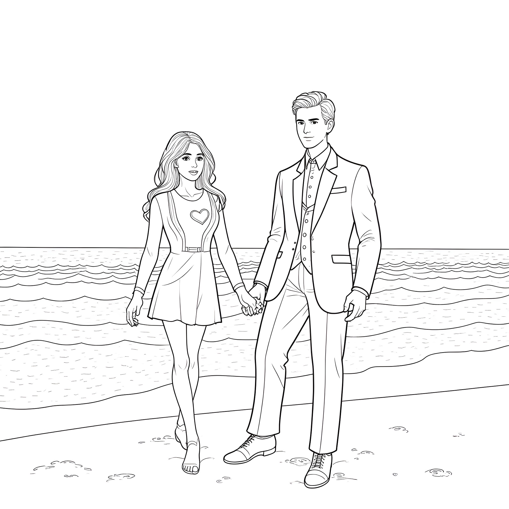 Doctor Who characters on the beach Coloring Page (free black-and-white line drawing printable PDF for all, from beginners to advanced learners, including children, teens, adults, and seniors)